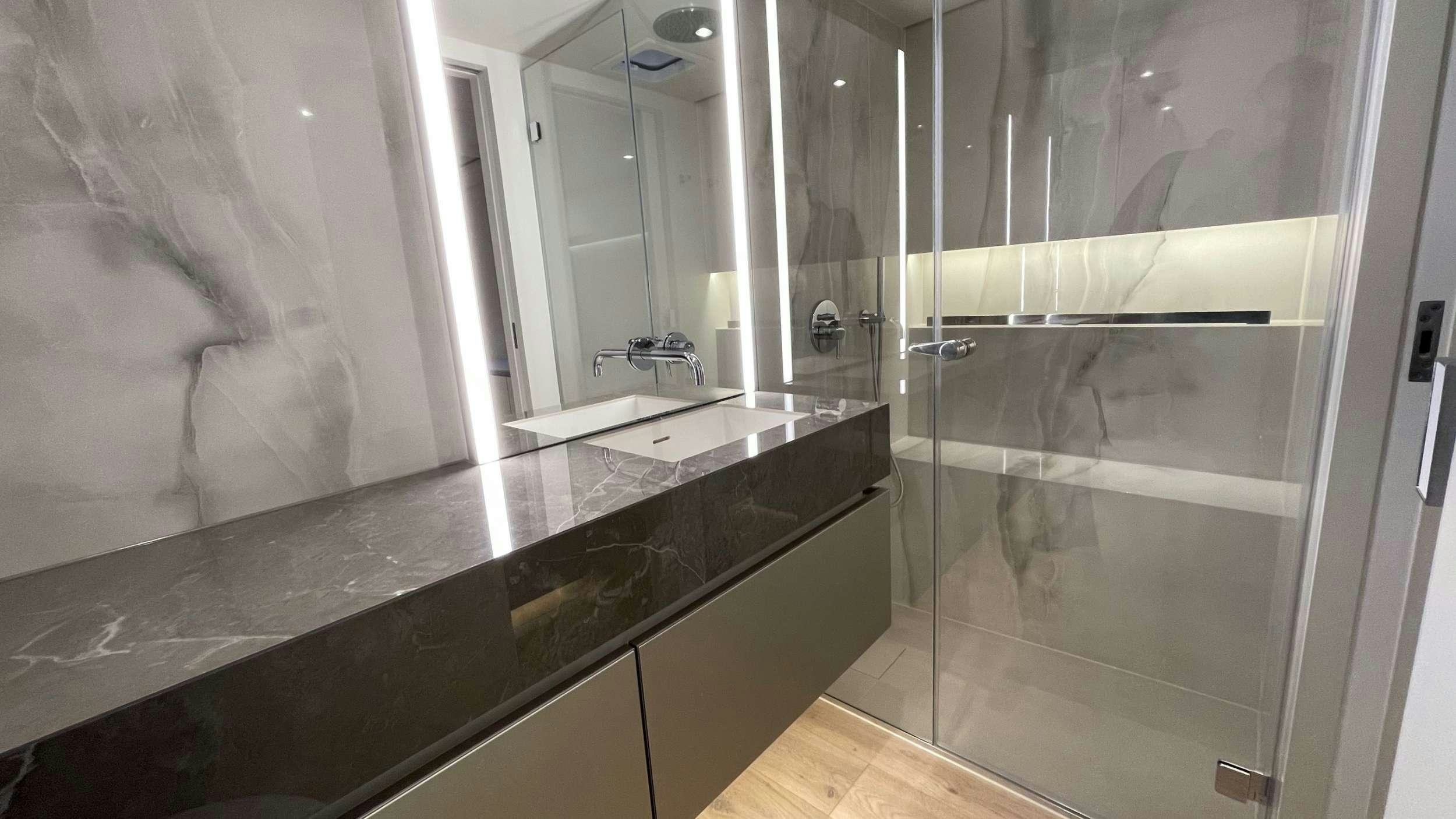 a bathroom with a countertop aboard SEACLUSION Yacht for Charter