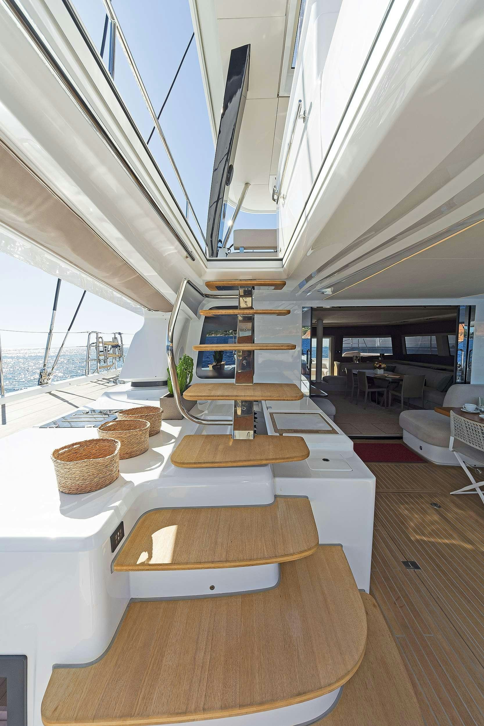 a modern looking living room with a view of the ocean aboard DAIQUIRI Yacht for Charter