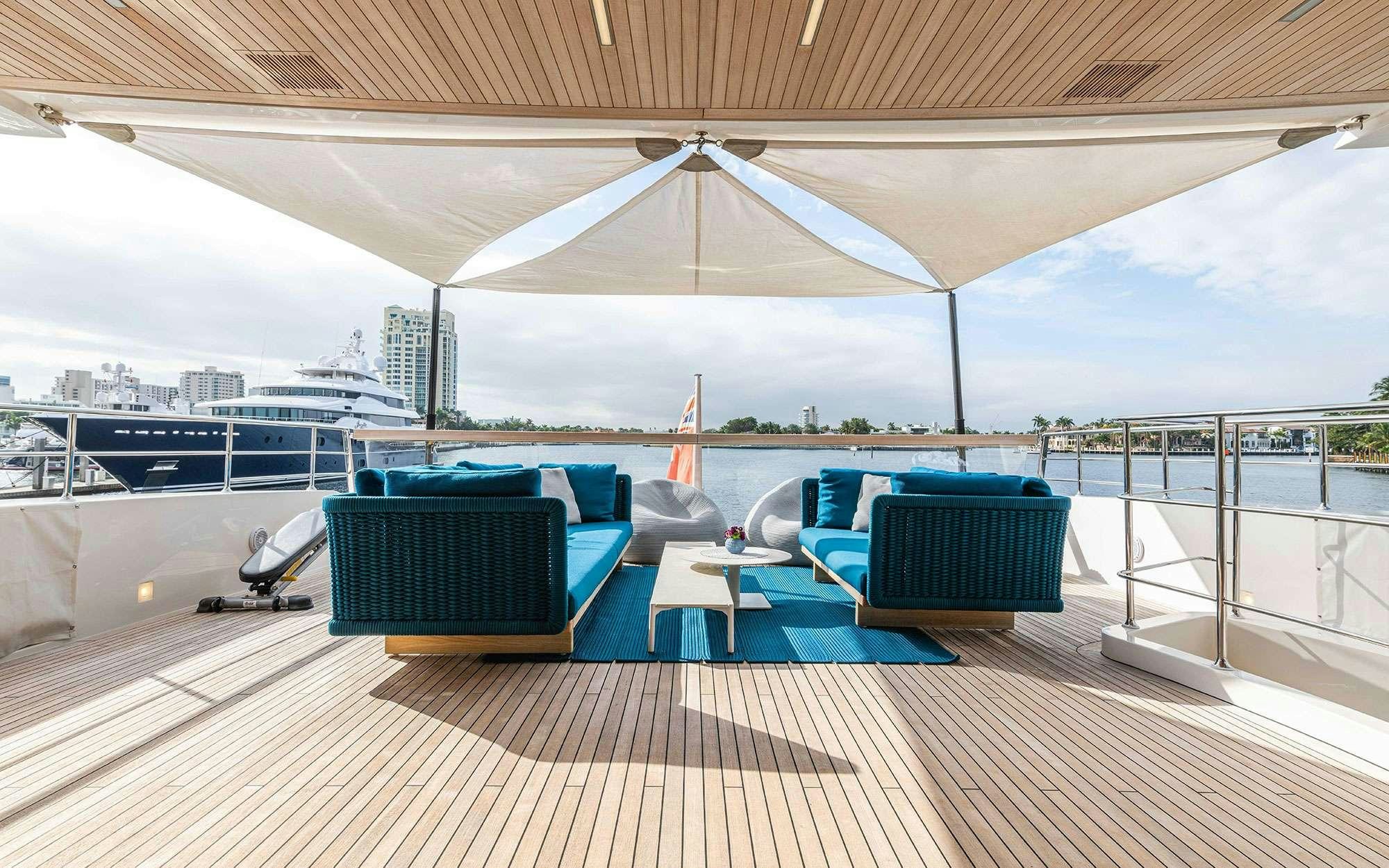 a deck with a view of a sailboat and a large body of water aboard HALCYON Yacht for Charter