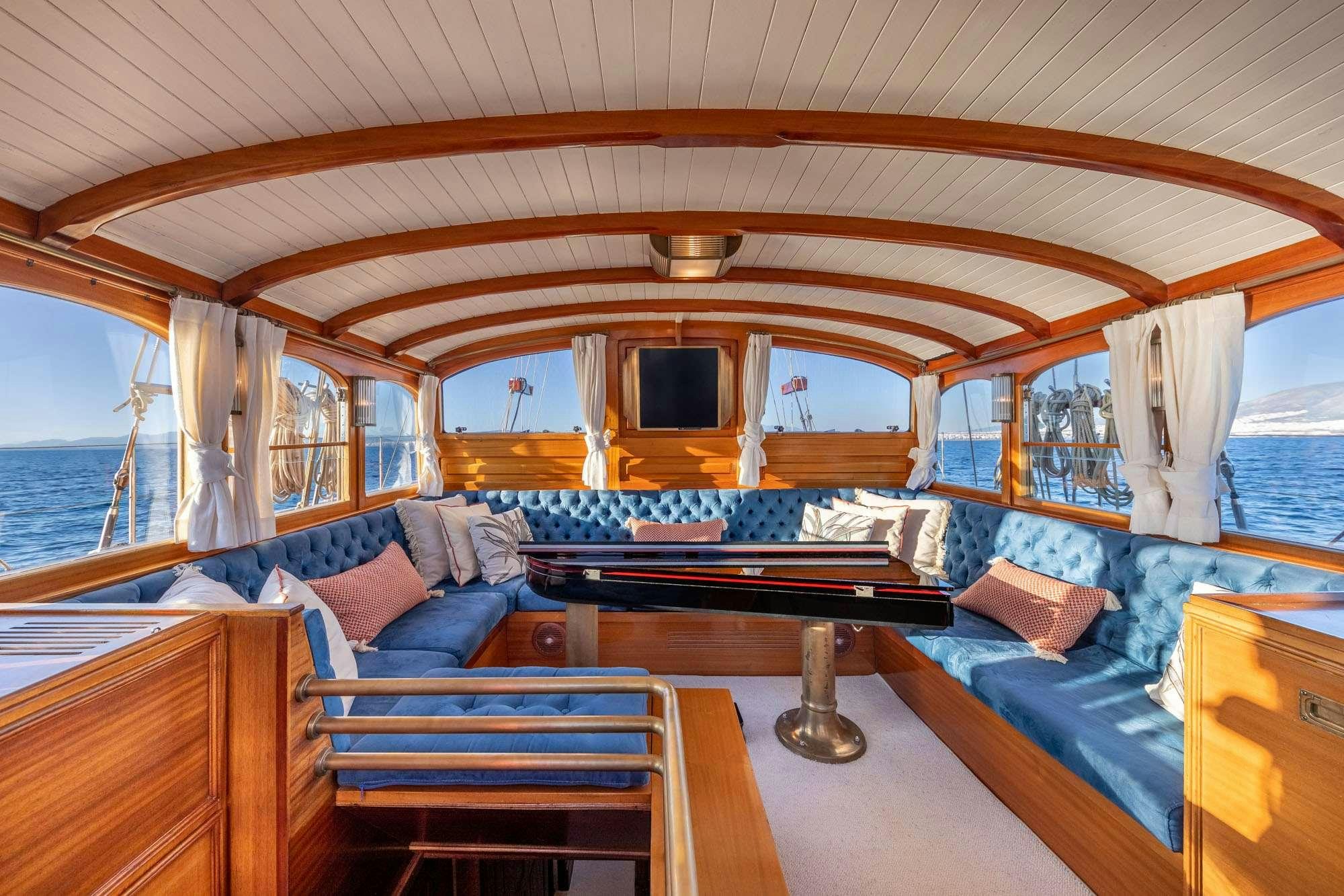 a boat with a view of the water and the deck aboard WEATHER BIRD Yacht for Charter