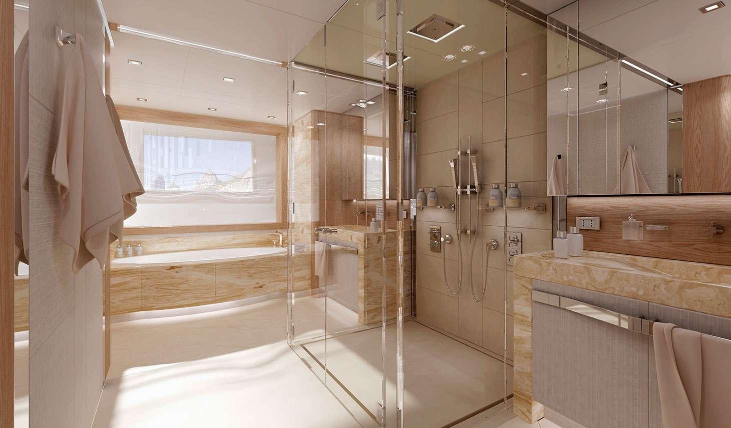a bathroom with a glass shower aboard LEUDIN I Yacht for Charter