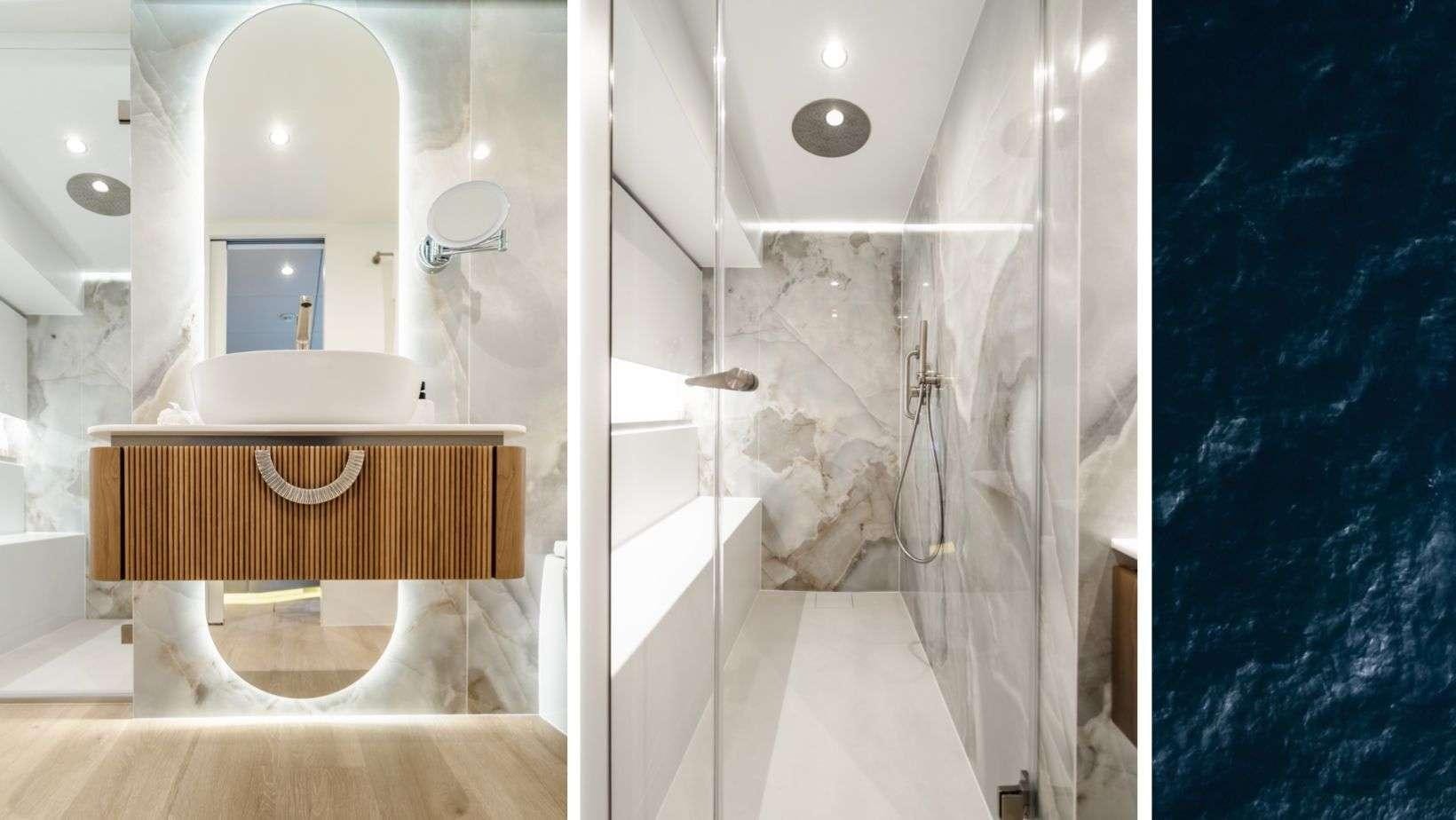 a bathroom with a sink and a mirror aboard OHANA Yacht for Charter