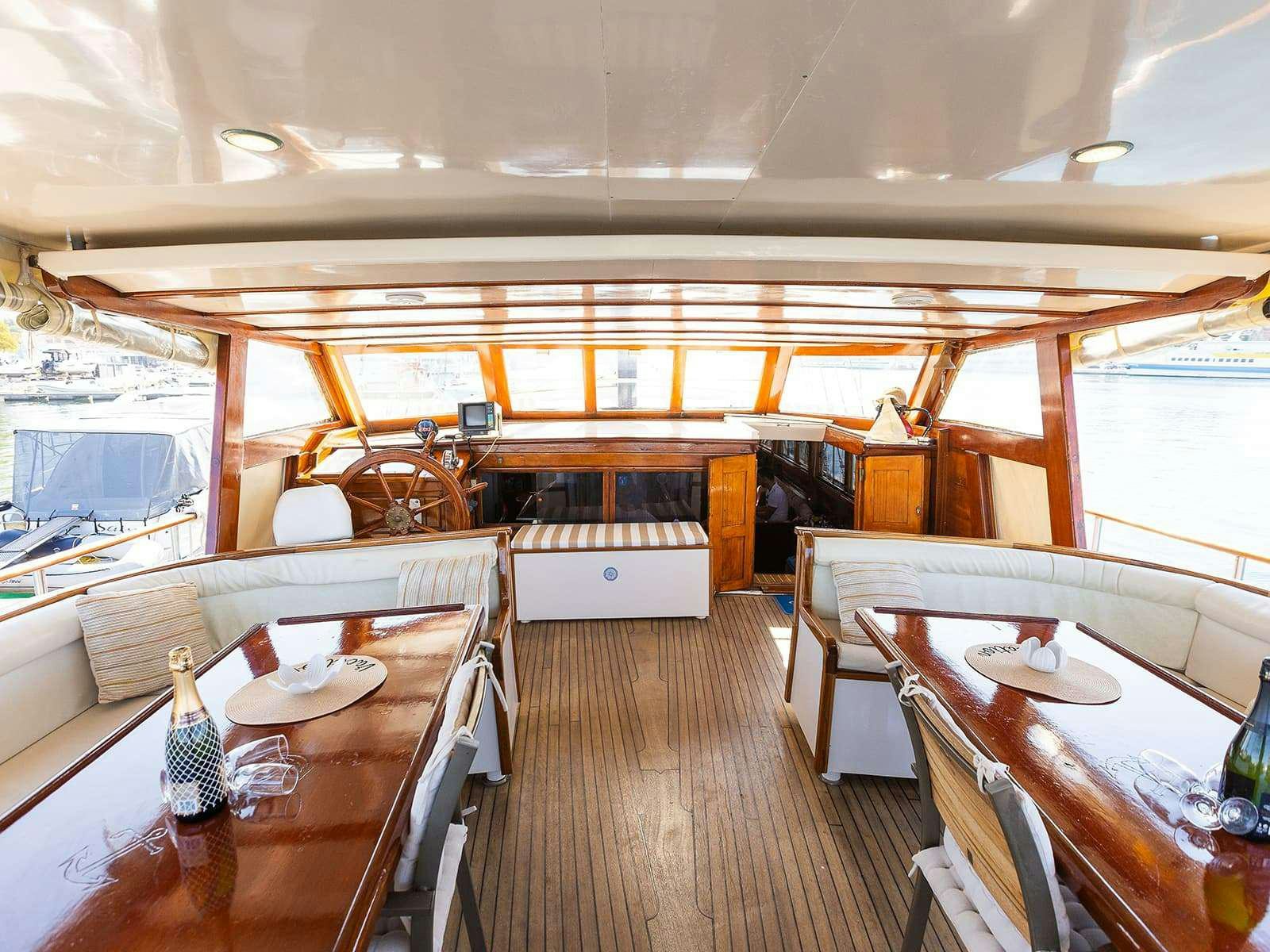 a large room with a wood floor aboard Gulet Gardelin Yacht for Charter