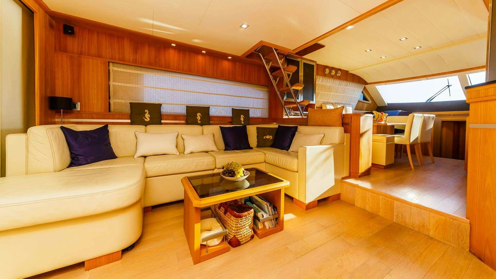 a living room with a staircase aboard SECRET LIFE Yacht for Charter