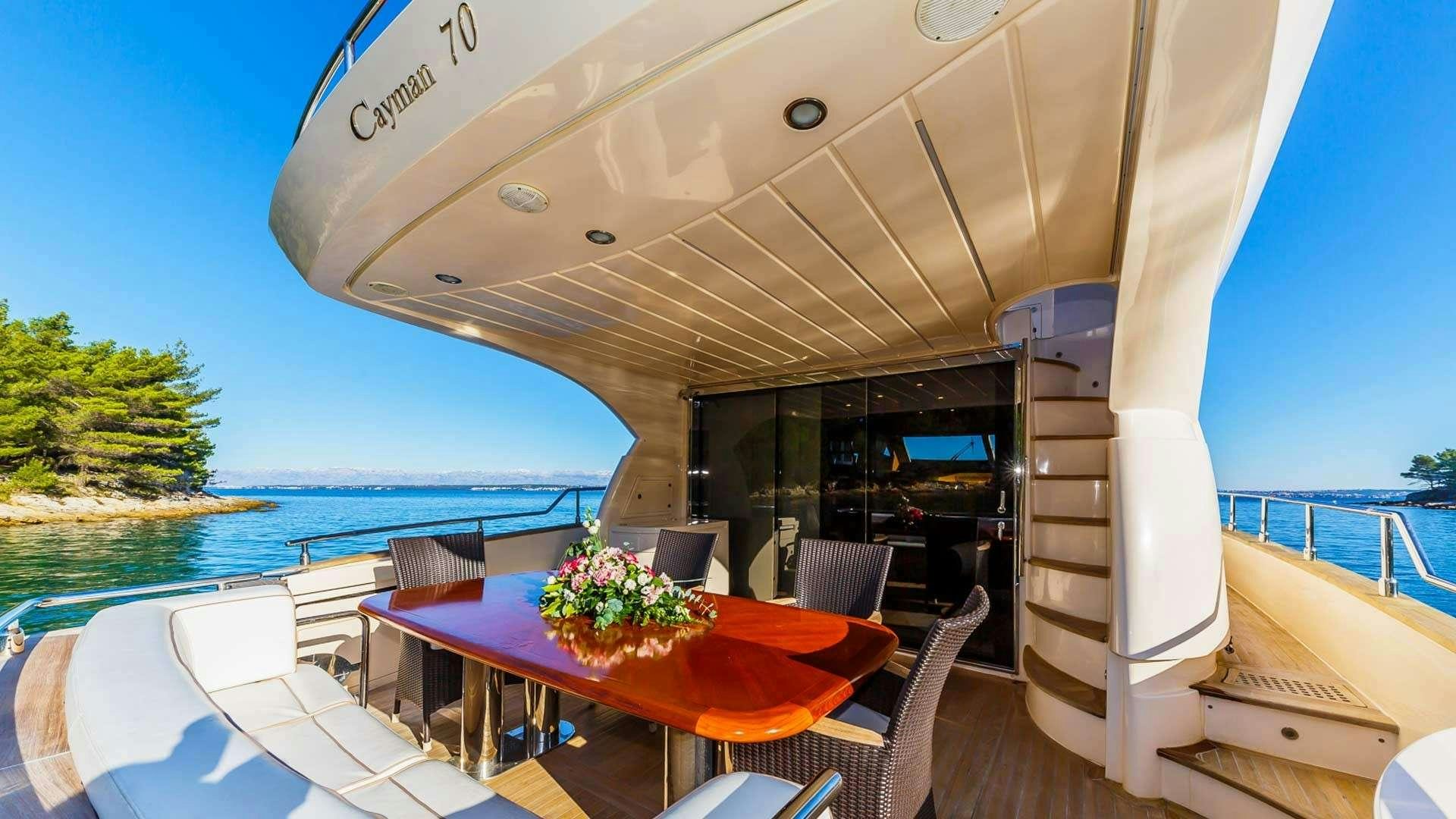 a deck with a table and chairs on it aboard SECRET LIFE Yacht for Charter