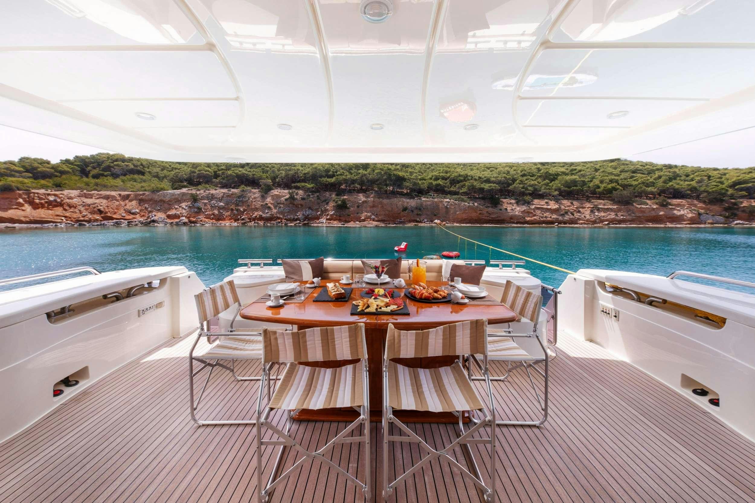 a table set for a meal on a boat on a lake aboard ANNOUKA Yacht for Charter
