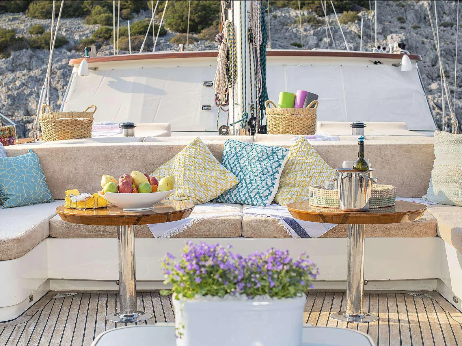 a table with fruit on it aboard RIVA Yacht for Charter