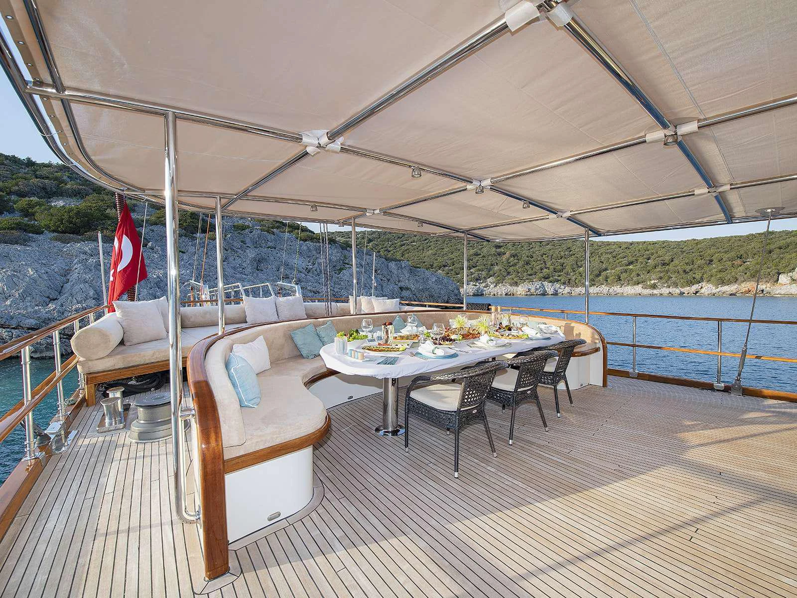 a deck with a table and chairs aboard RIVA Yacht for Charter