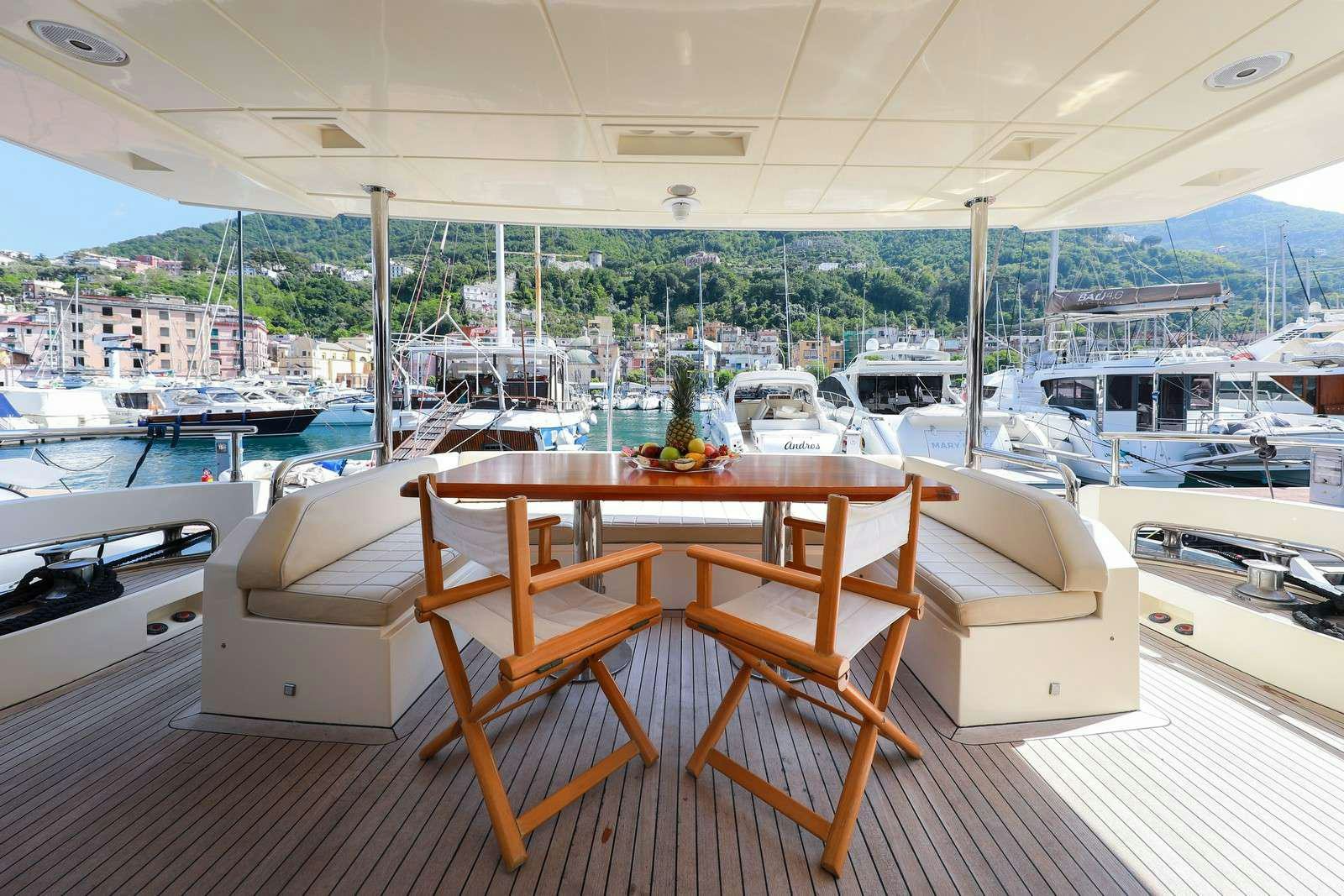 a table and chairs on a boat aboard FOR EVER ROSANNA Yacht for Charter