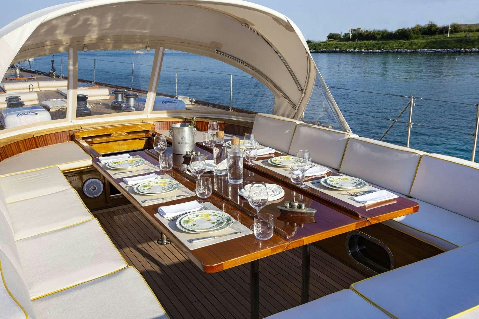 a table with plates and glasses on it aboard QUARTA SANTA MARIA Yacht for Charter