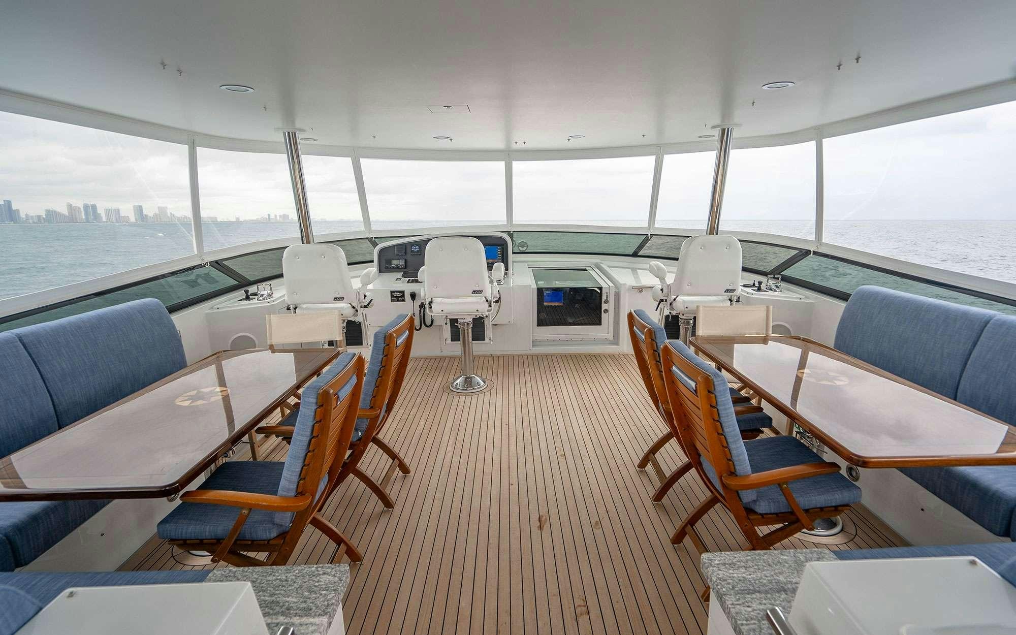 inside of a boat with a large window and a view of the water aboard RISK & REWARD Yacht for Charter