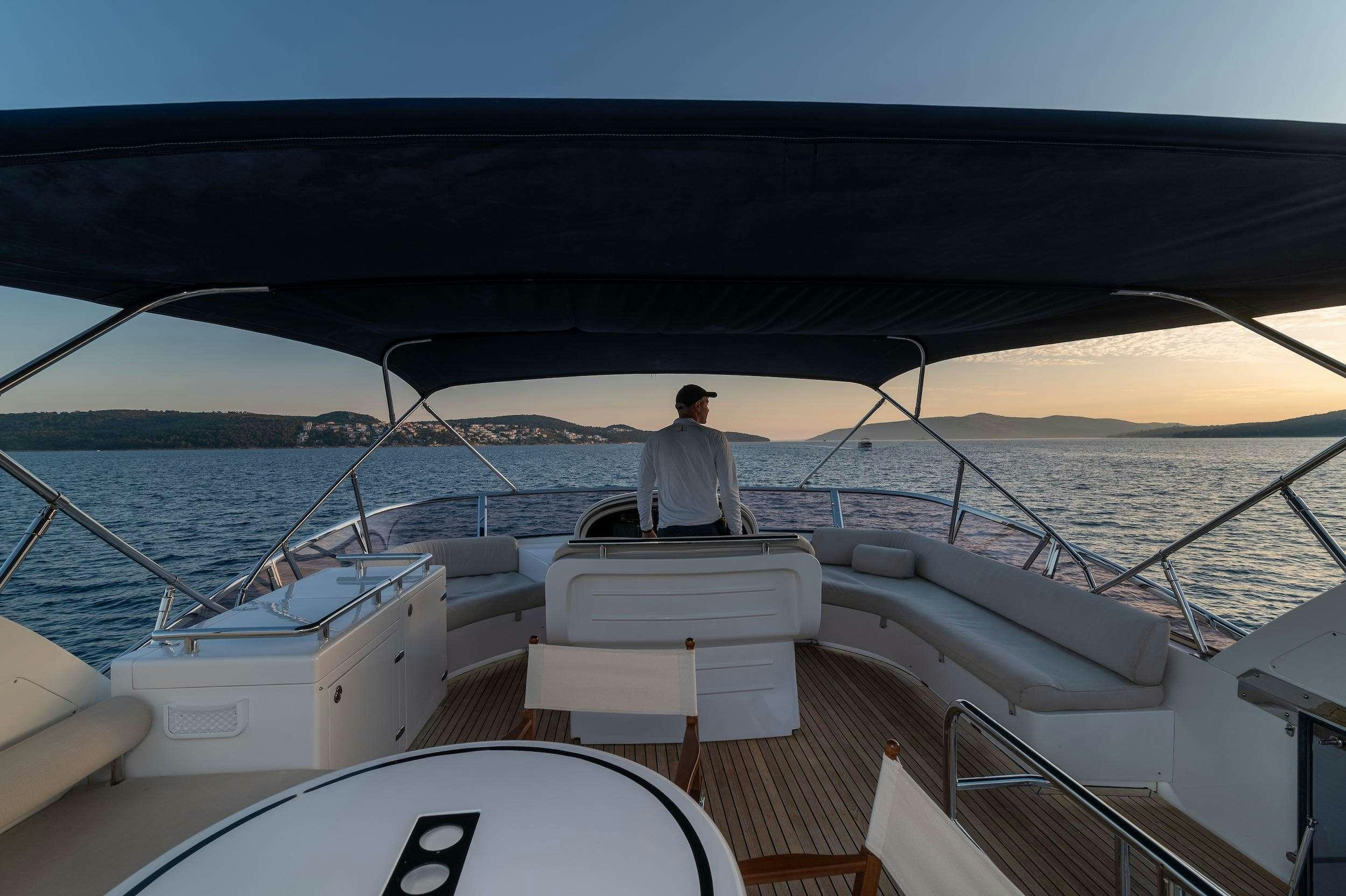a person sitting on a boat aboard HAPPY 3 Yacht for Charter