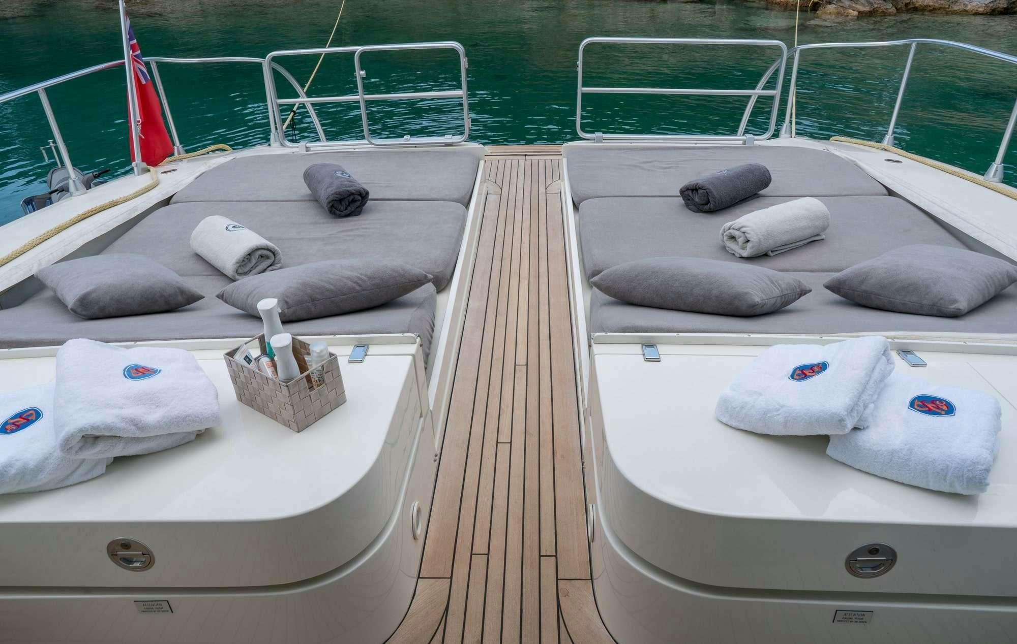 a deck with a pool and a deck with a mat on it aboard ROMACHRIS II Yacht for Charter