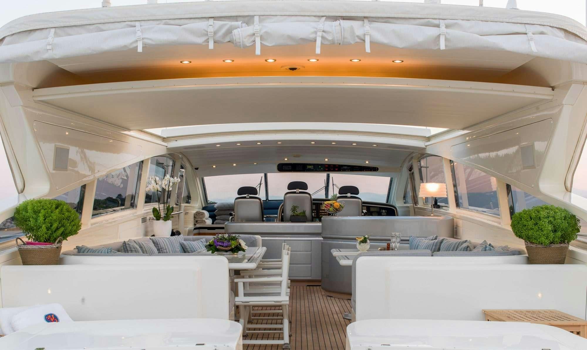 a room with tables and chairs aboard ROMACHRIS II Yacht for Charter