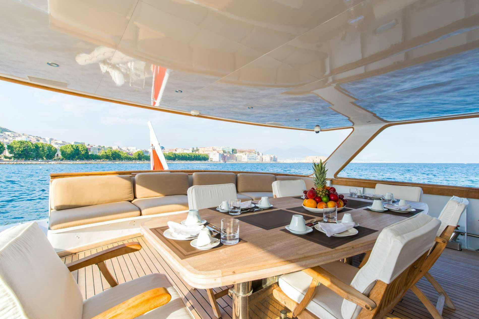 a table with chairs and a view of the water aboard GITANES Yacht for Charter