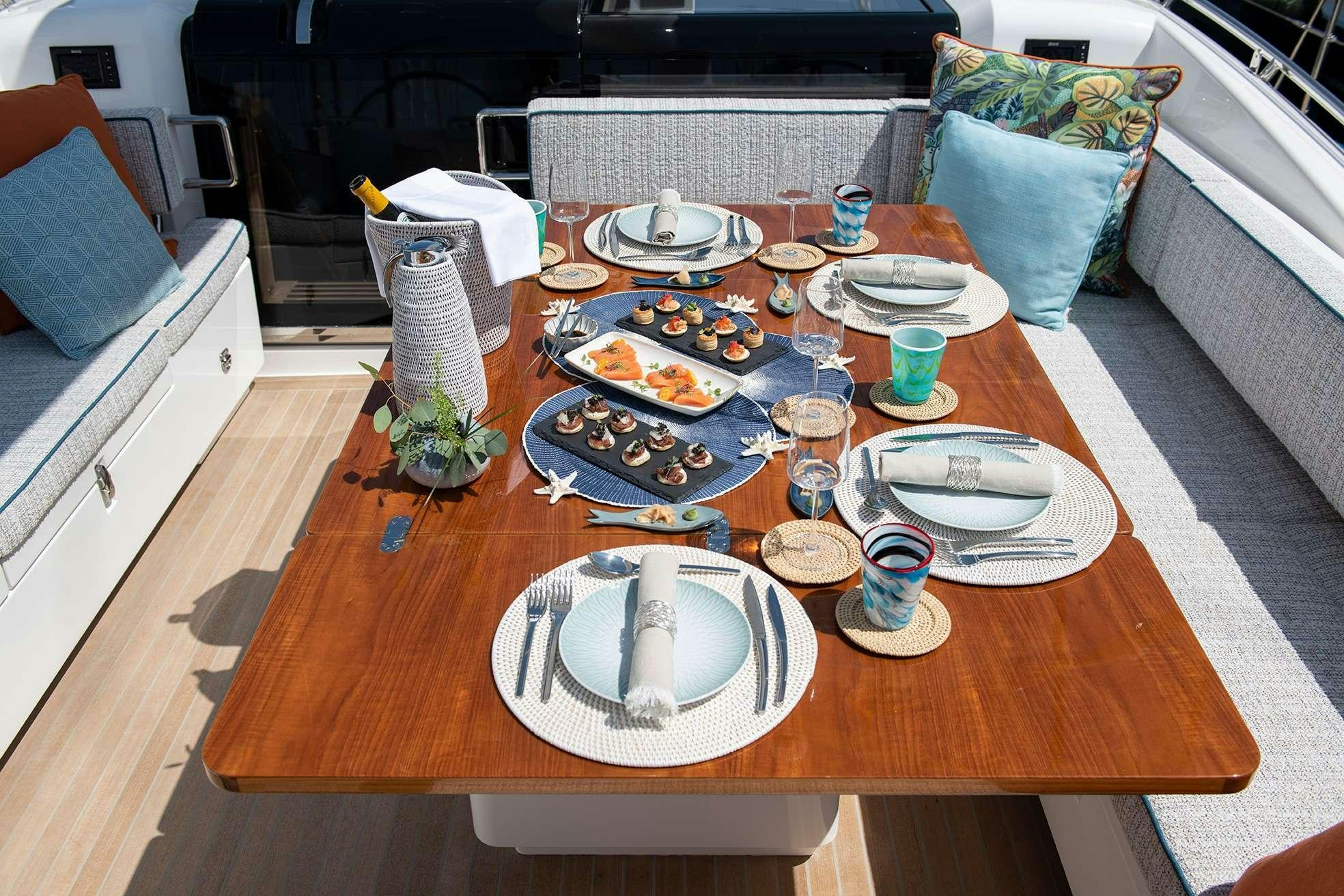 a table with plates and food on it aboard KARIBU Yacht for Charter