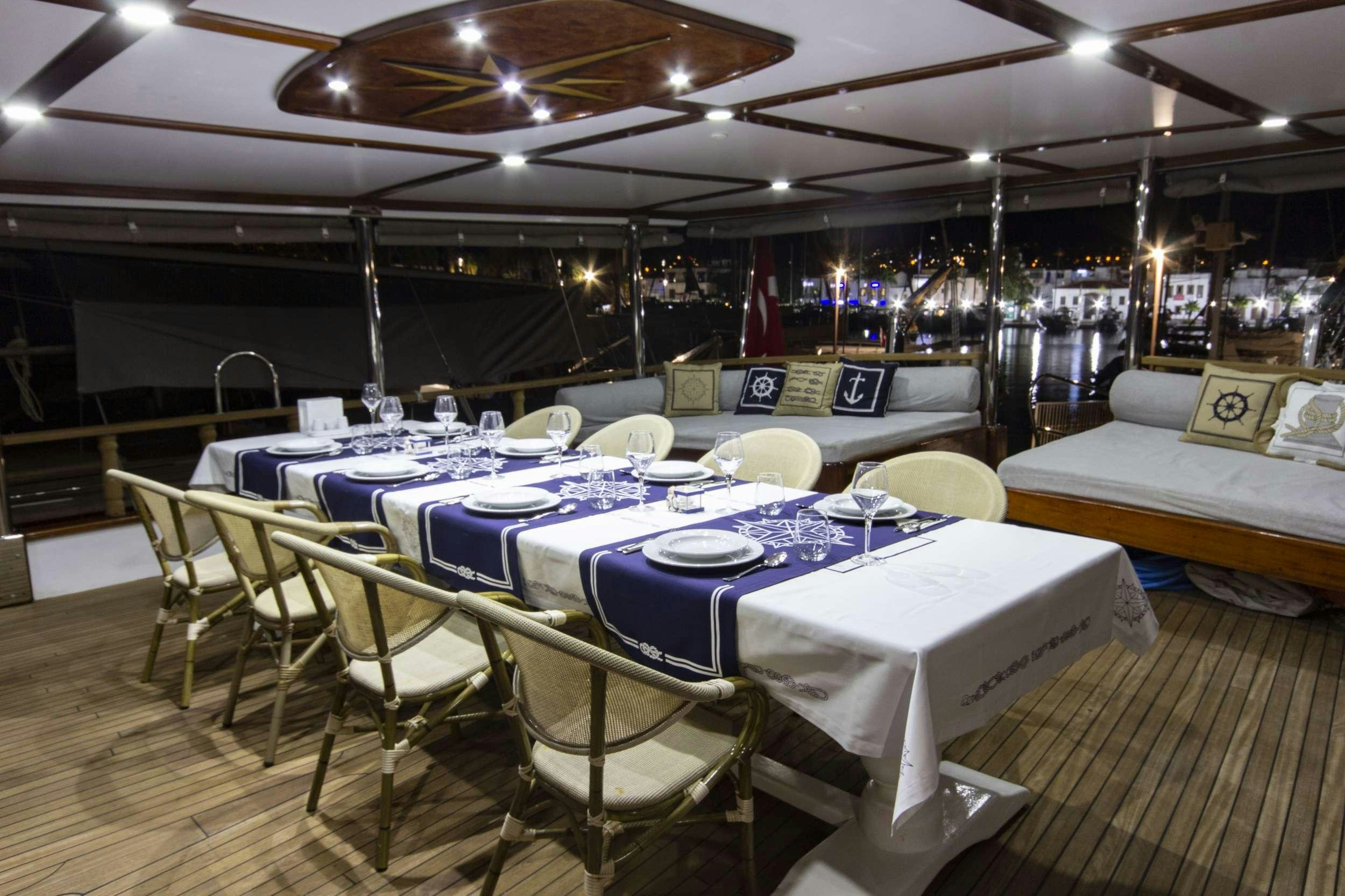 a room with tables and chairs aboard MARE D ELFIDA Yacht for Charter