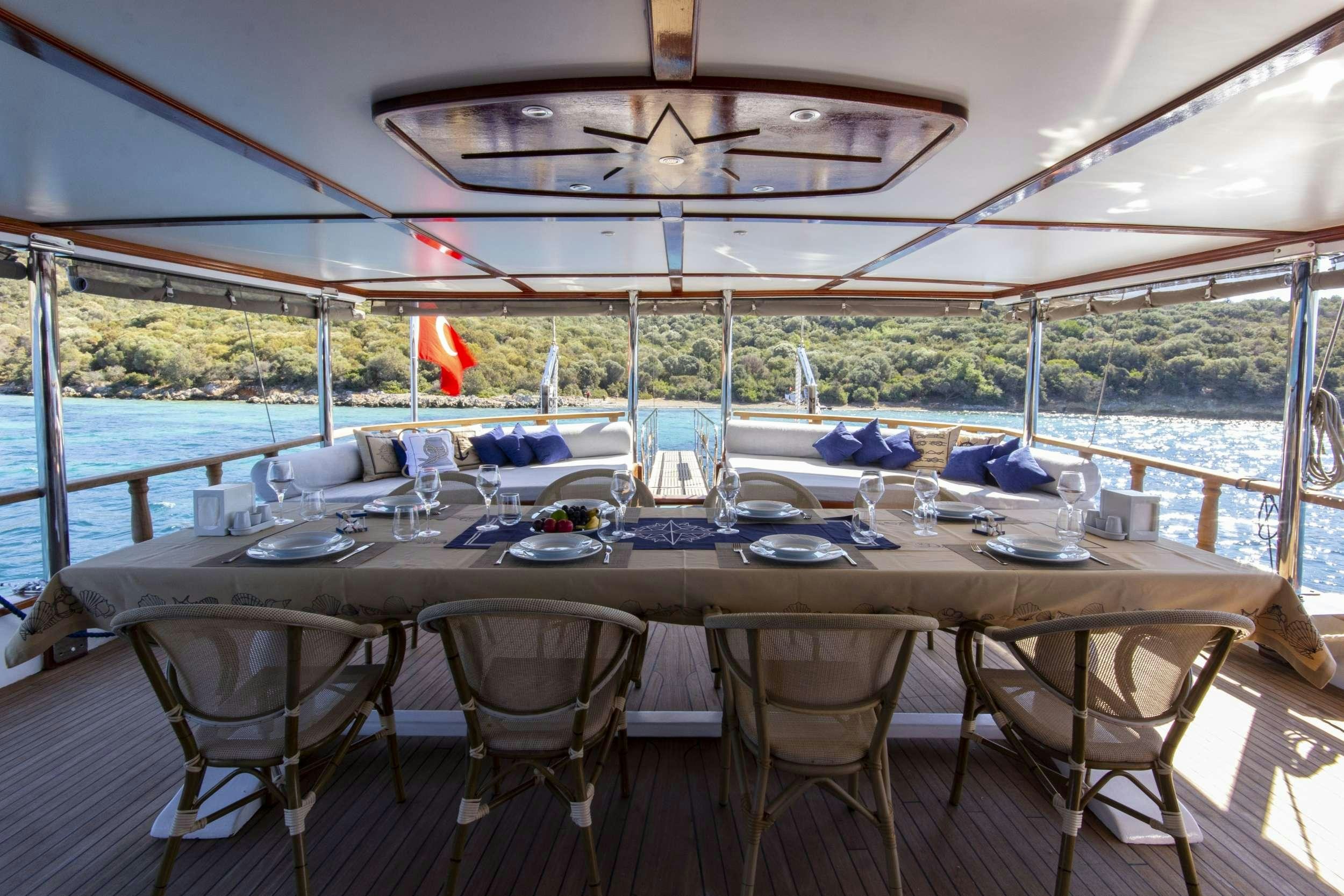 a table set for a dinner party aboard MARE D ELFIDA Yacht for Charter