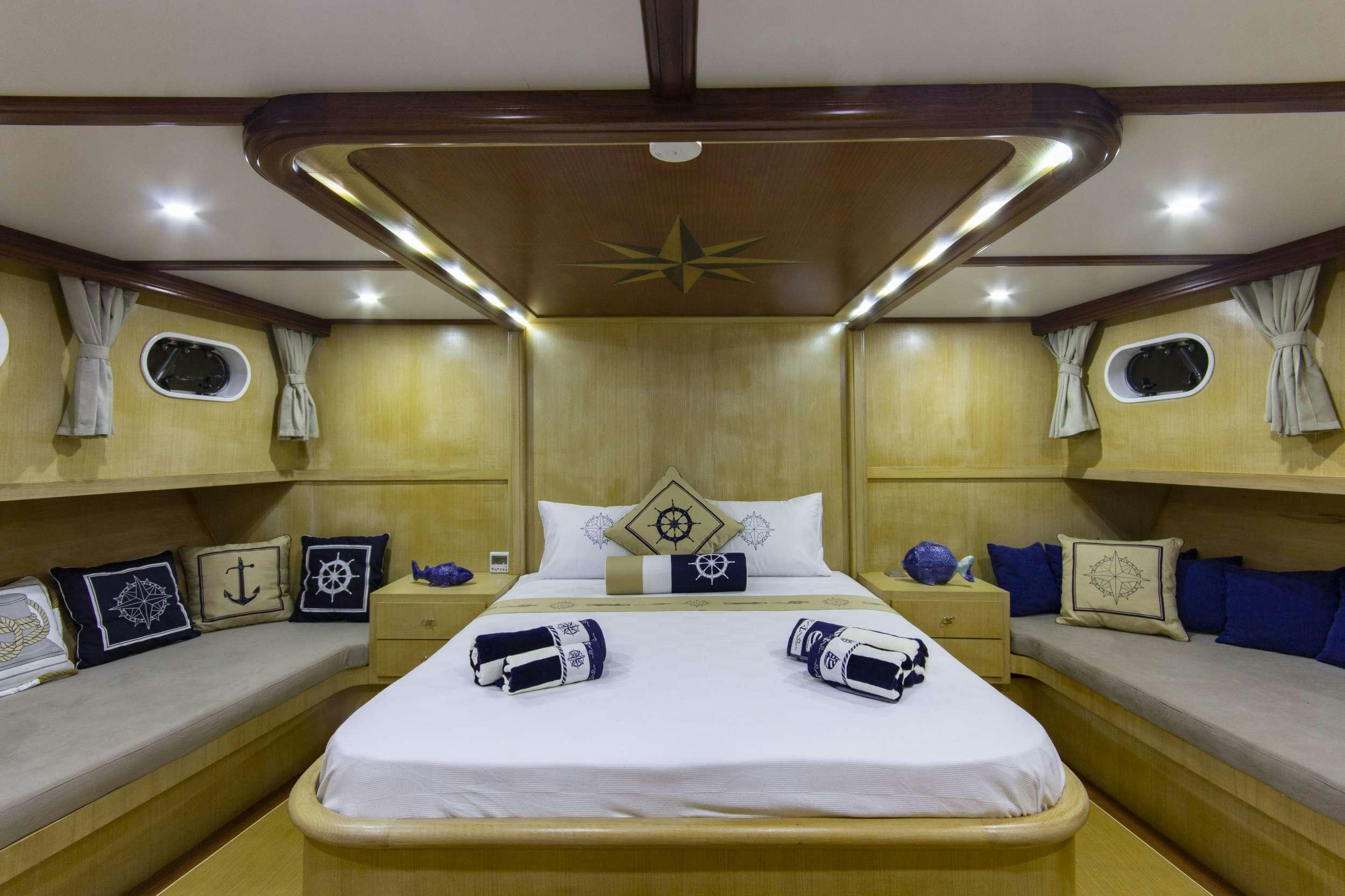a room with beds and a fan aboard MARE D ELFIDA Yacht for Charter
