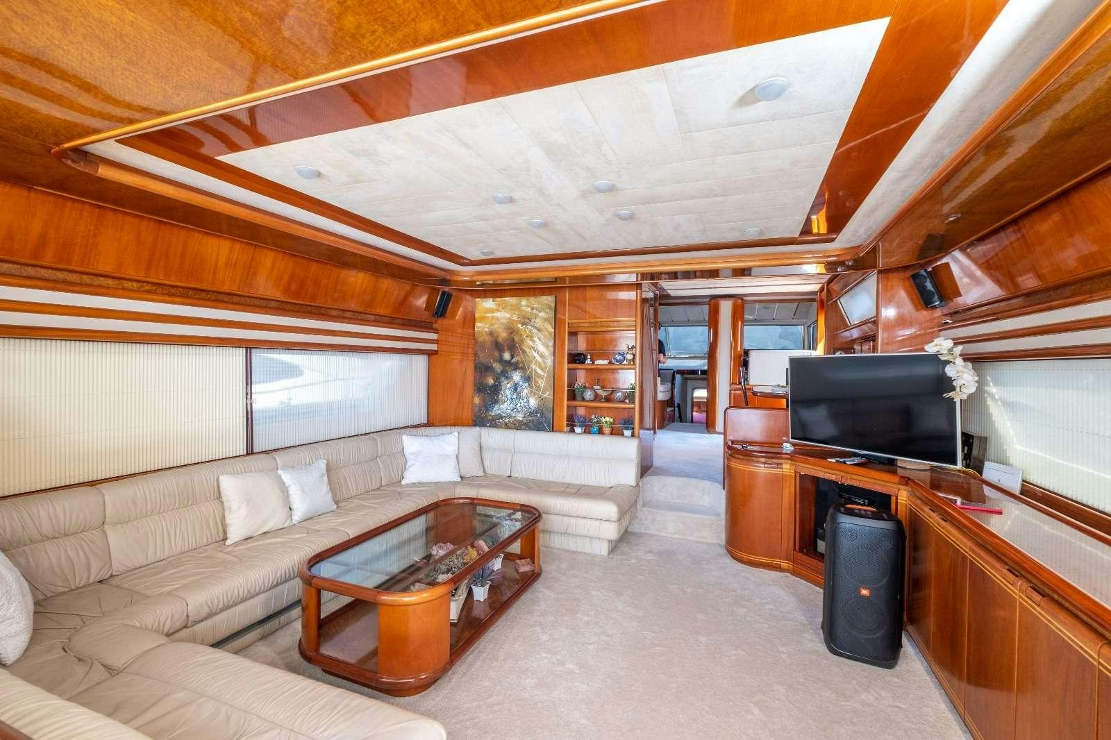 a living room with a large wood ceiling aboard MIO AMORE Yacht for Charter