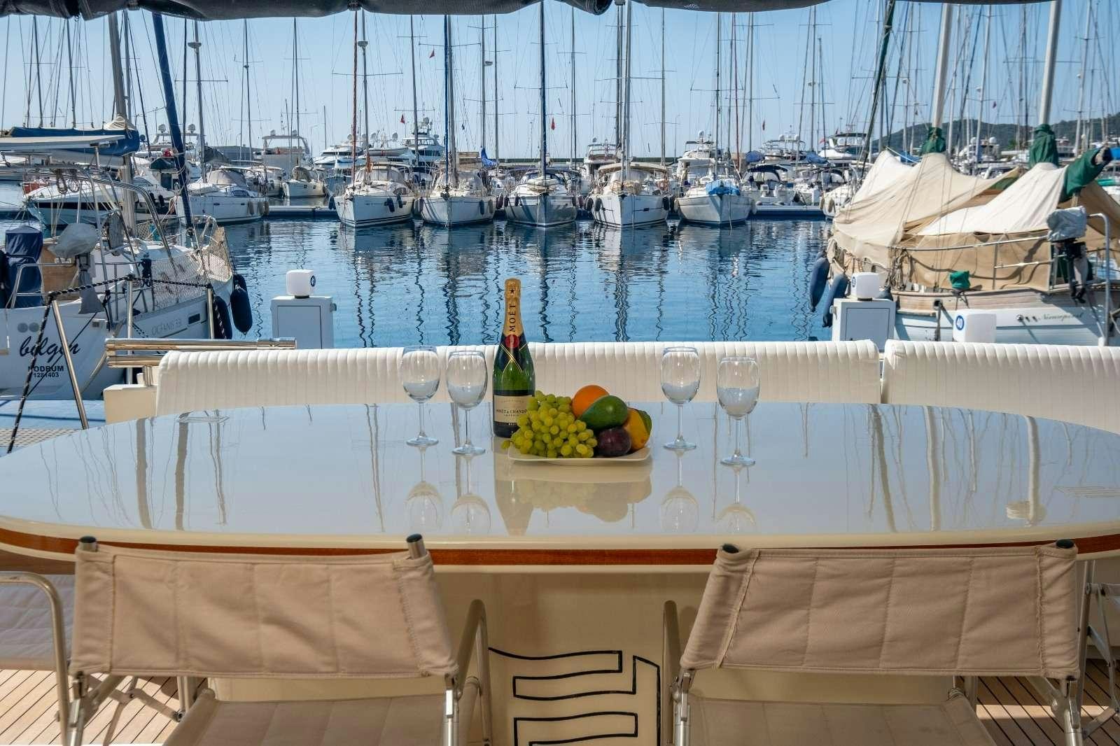 a table with wine glasses on it aboard MIO AMORE Yacht for Charter