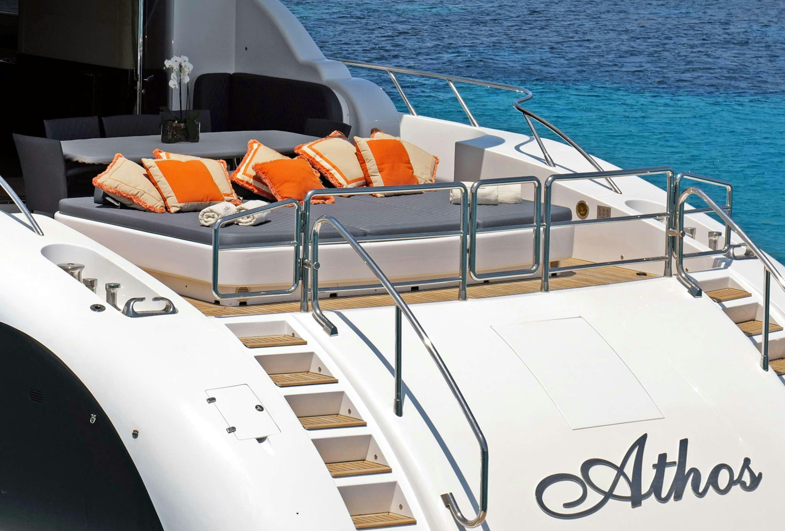 a boat with towels on the front aboard ATHOS Yacht for Charter
