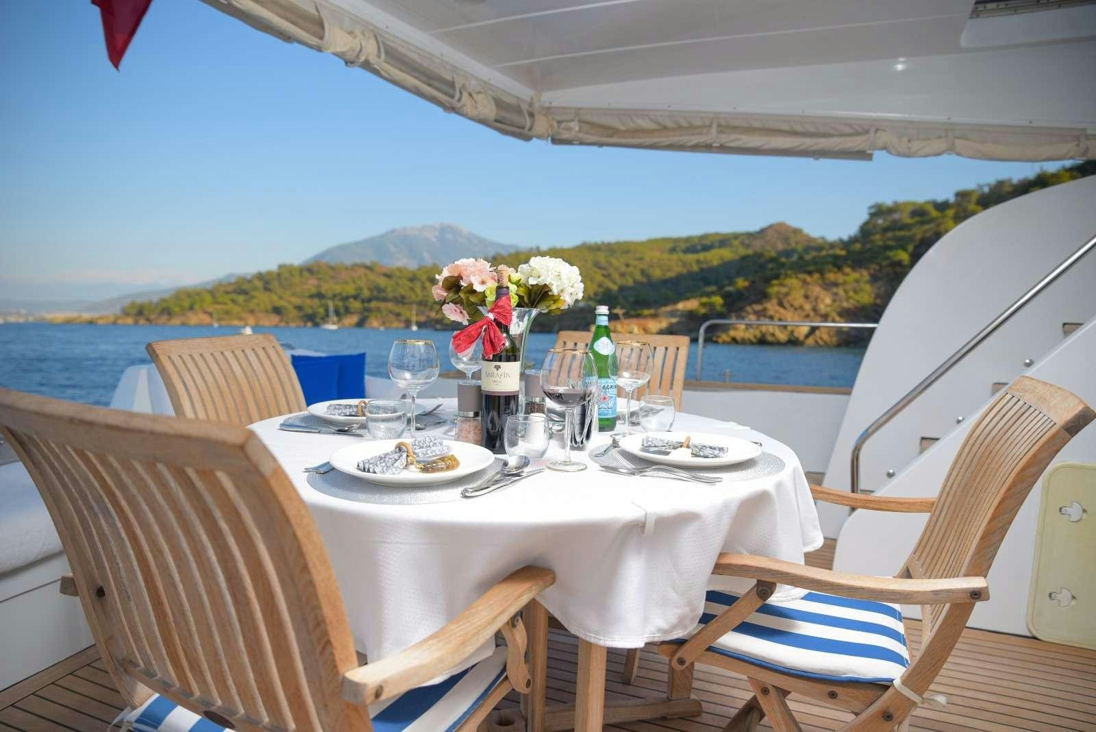 a table set for a meal on a boat aboard SIROCCO Yacht for Charter