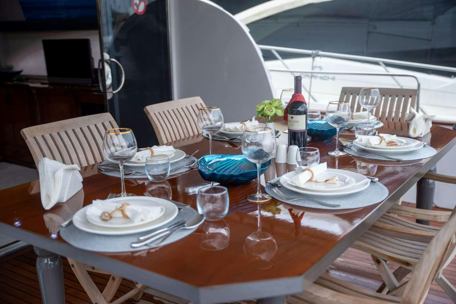 a table with plates and glasses aboard SIROCCO Yacht for Charter