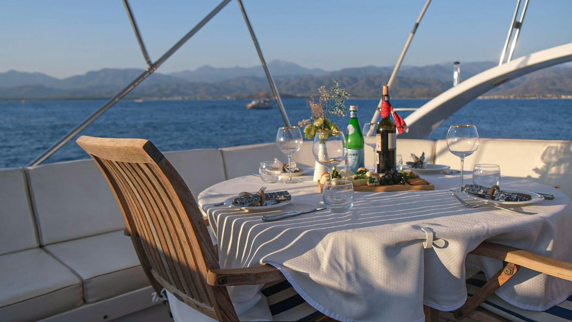 a table with food and drinks on it aboard SIROCCO Yacht for Charter