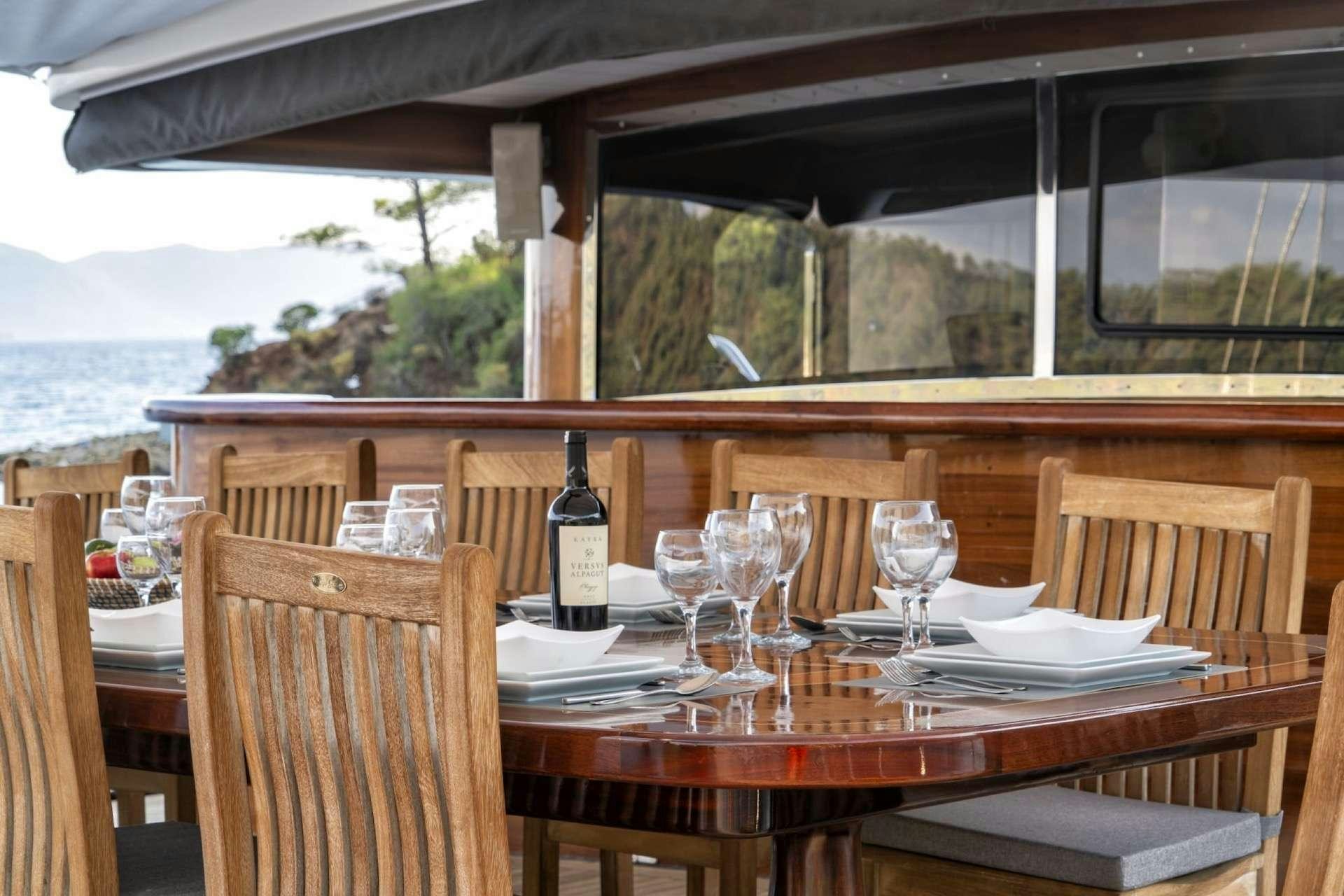 a table set for a meal aboard CAUSTIC Yacht for Charter
