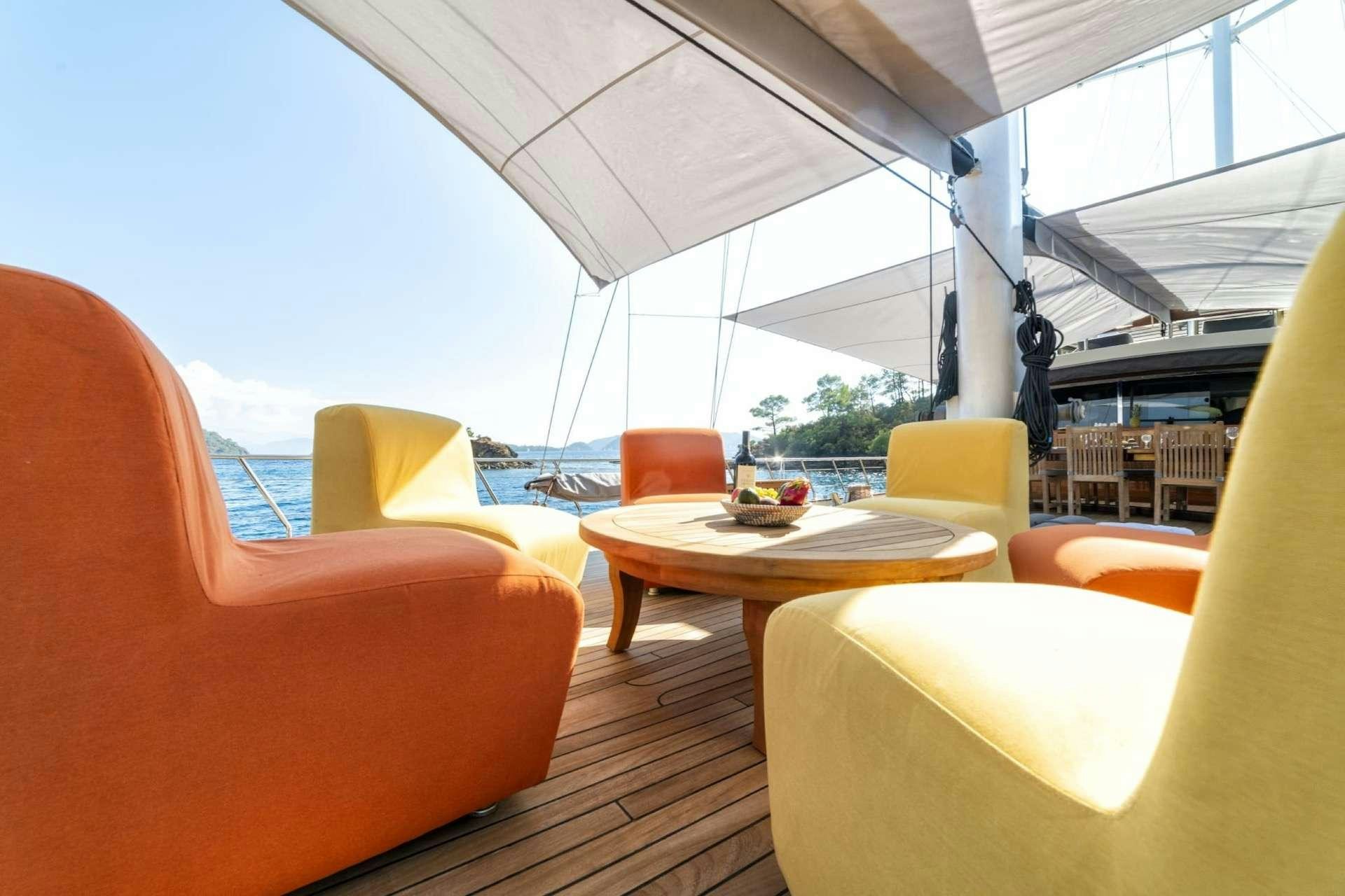 a tent with a table and chairs aboard CAUSTIC Yacht for Charter