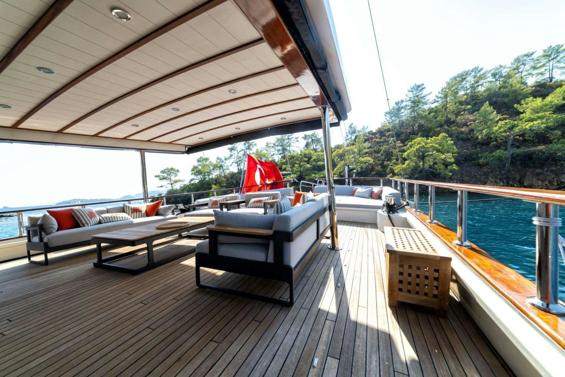 a deck with a deck and a pool aboard CAUSTIC Yacht for Charter