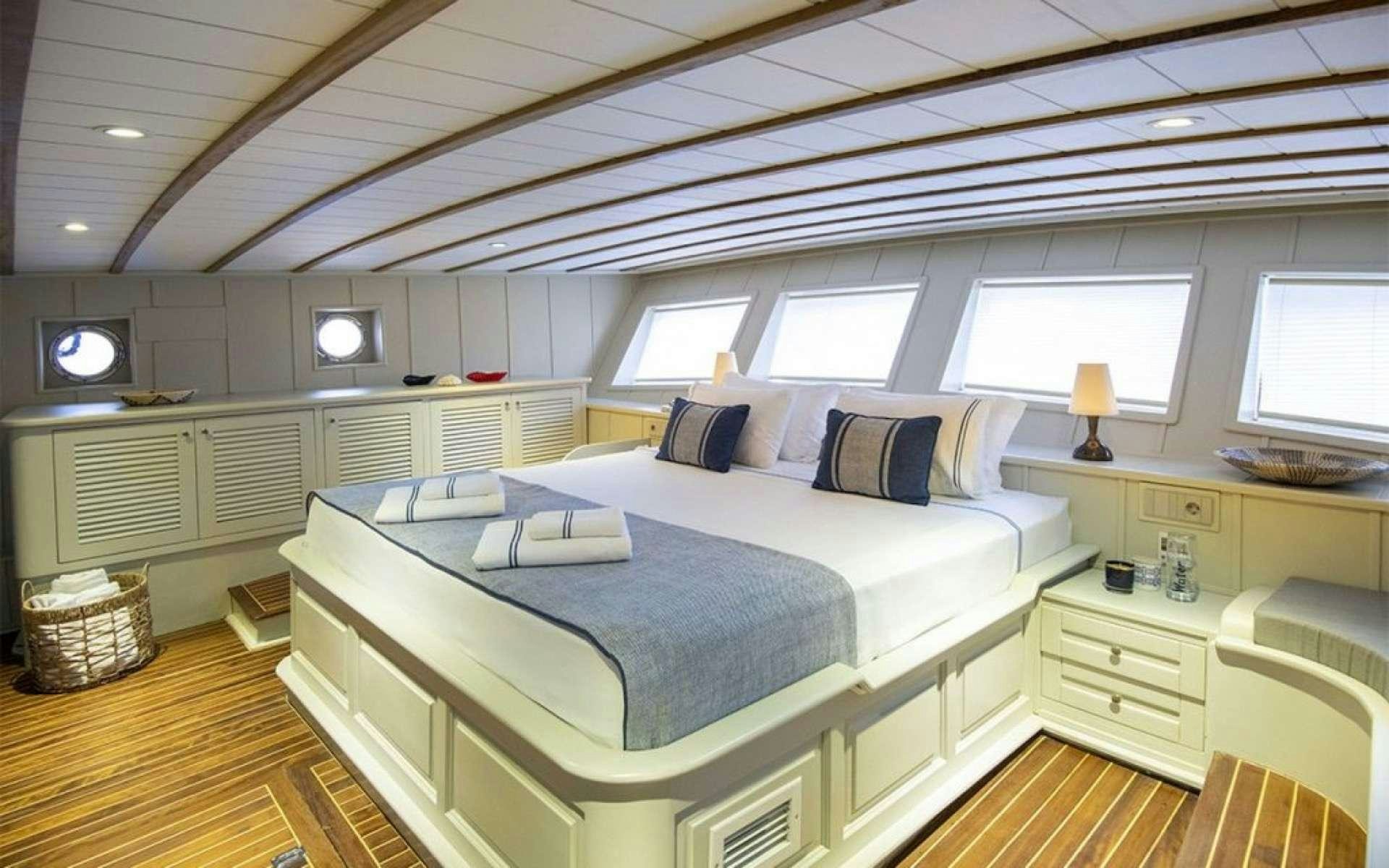 a large bedroom with a bed aboard CAUSTIC Yacht for Charter