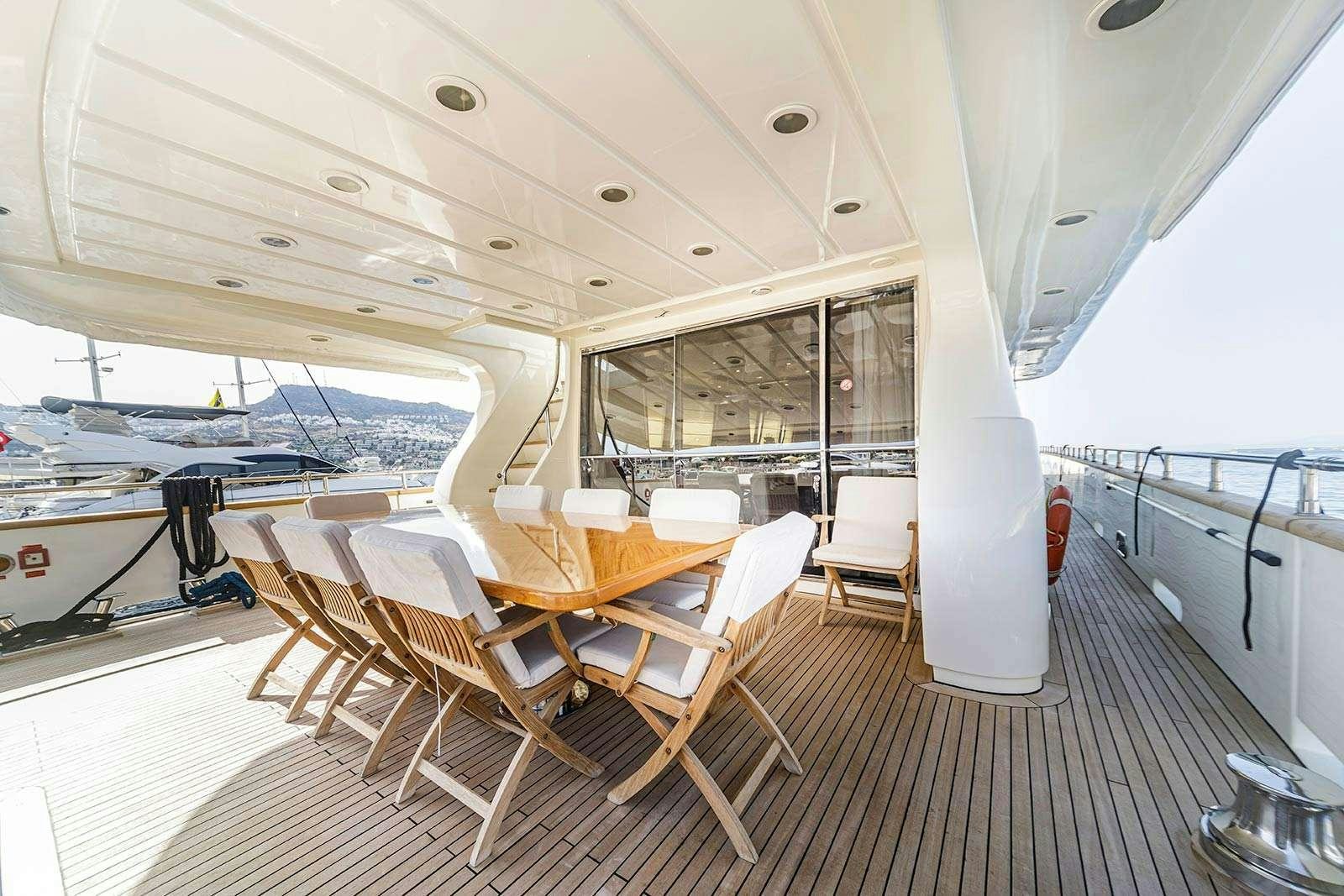 a boat with tables and chairs aboard SANREF Yacht for Charter
