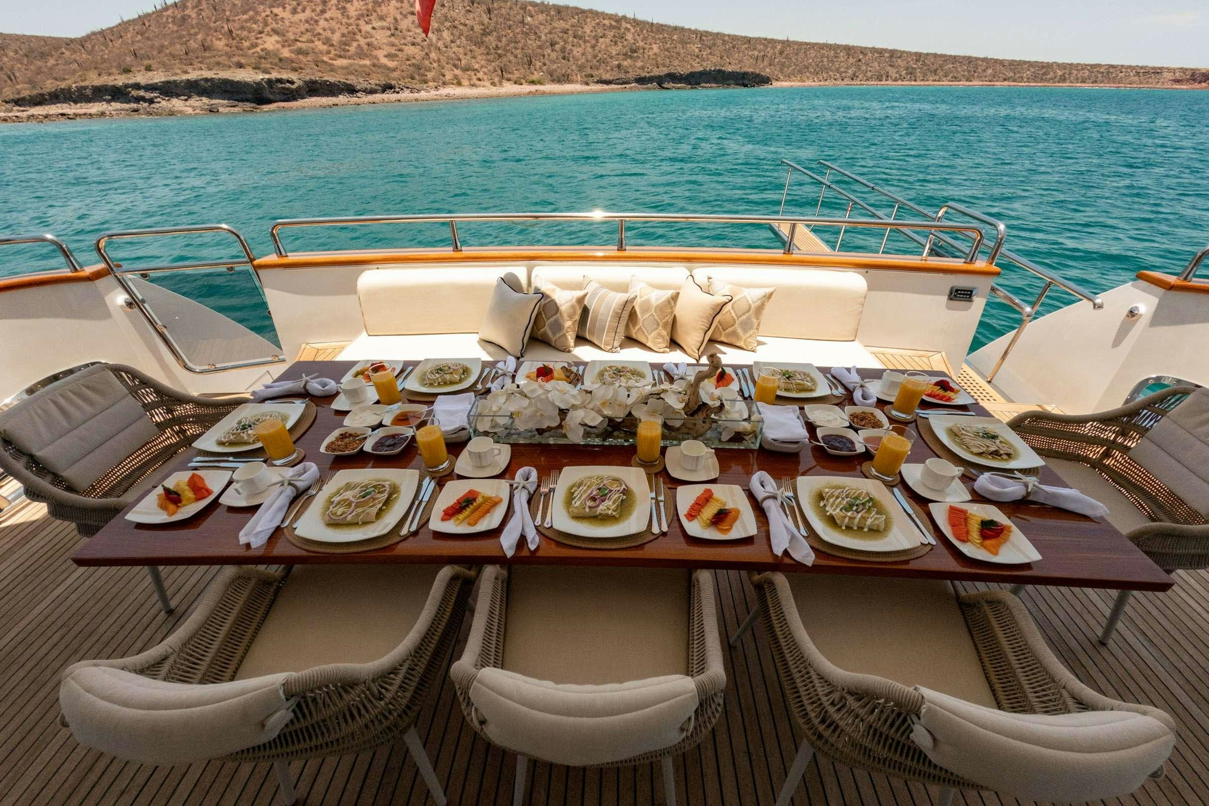a boat with many plates on it aboard CADA UNO  Yacht for Charter
