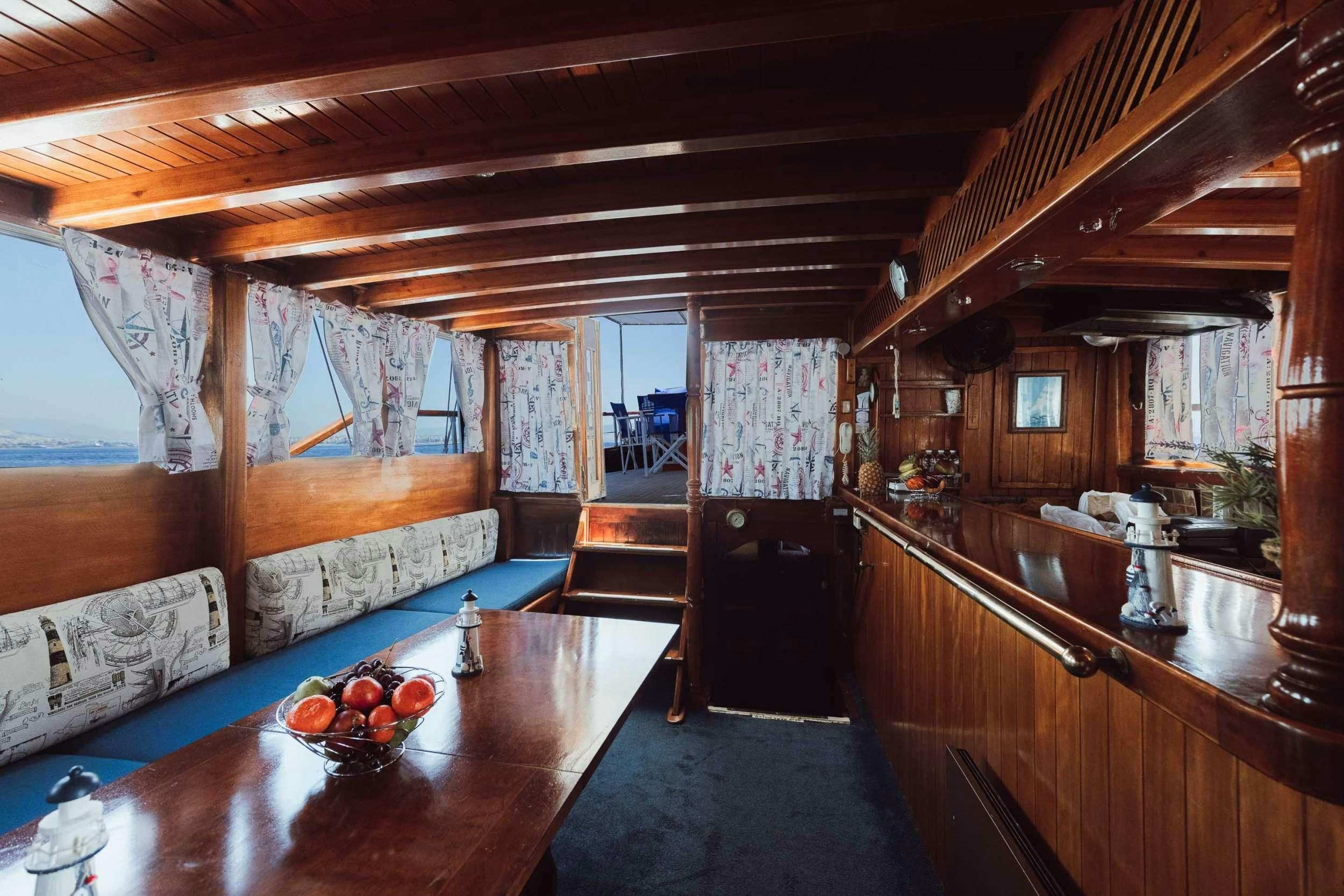 a room with a table and chairs aboard MELTEMI Yacht for Charter