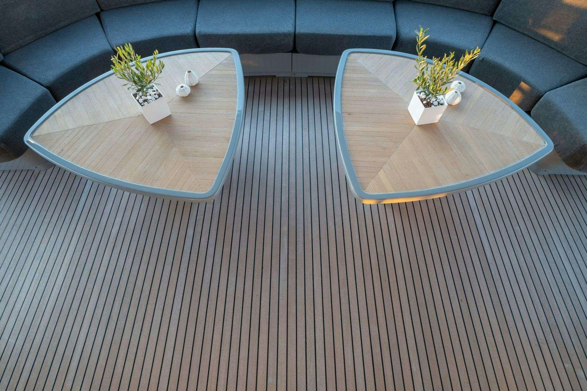 a coffee table with a plant on it aboard SATORI Yacht for Charter
