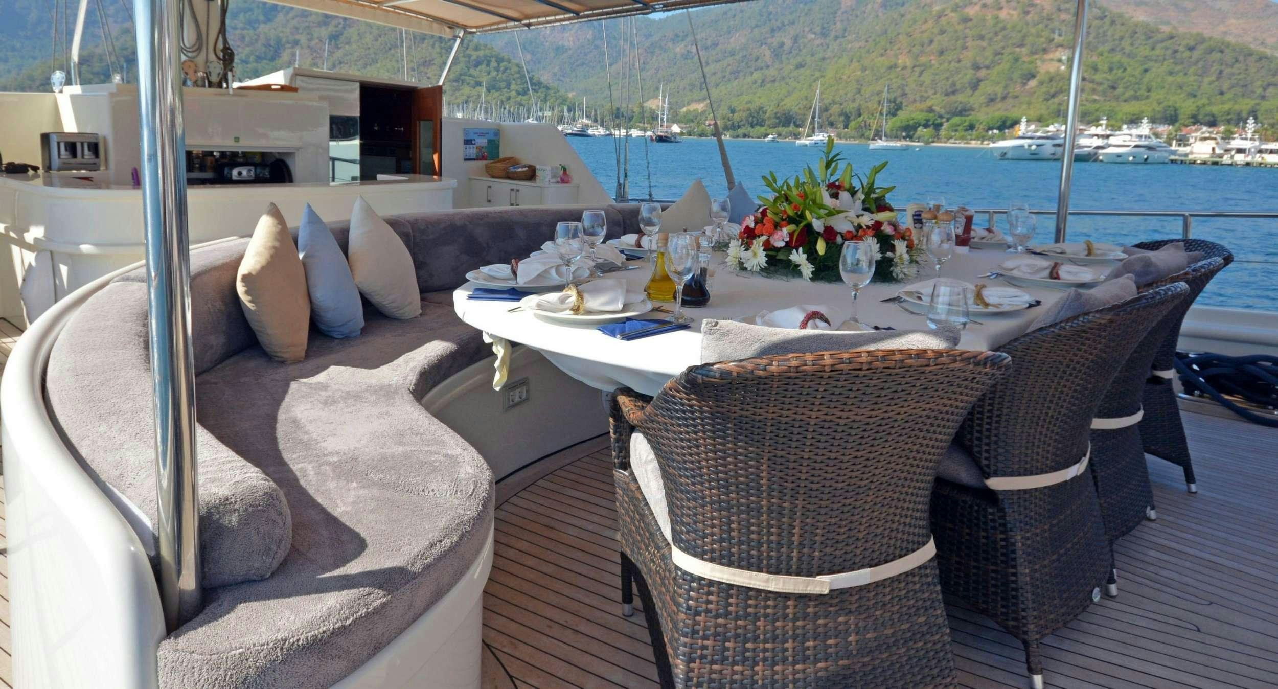 a table with chairs on it aboard DOLCE MARE Yacht for Charter