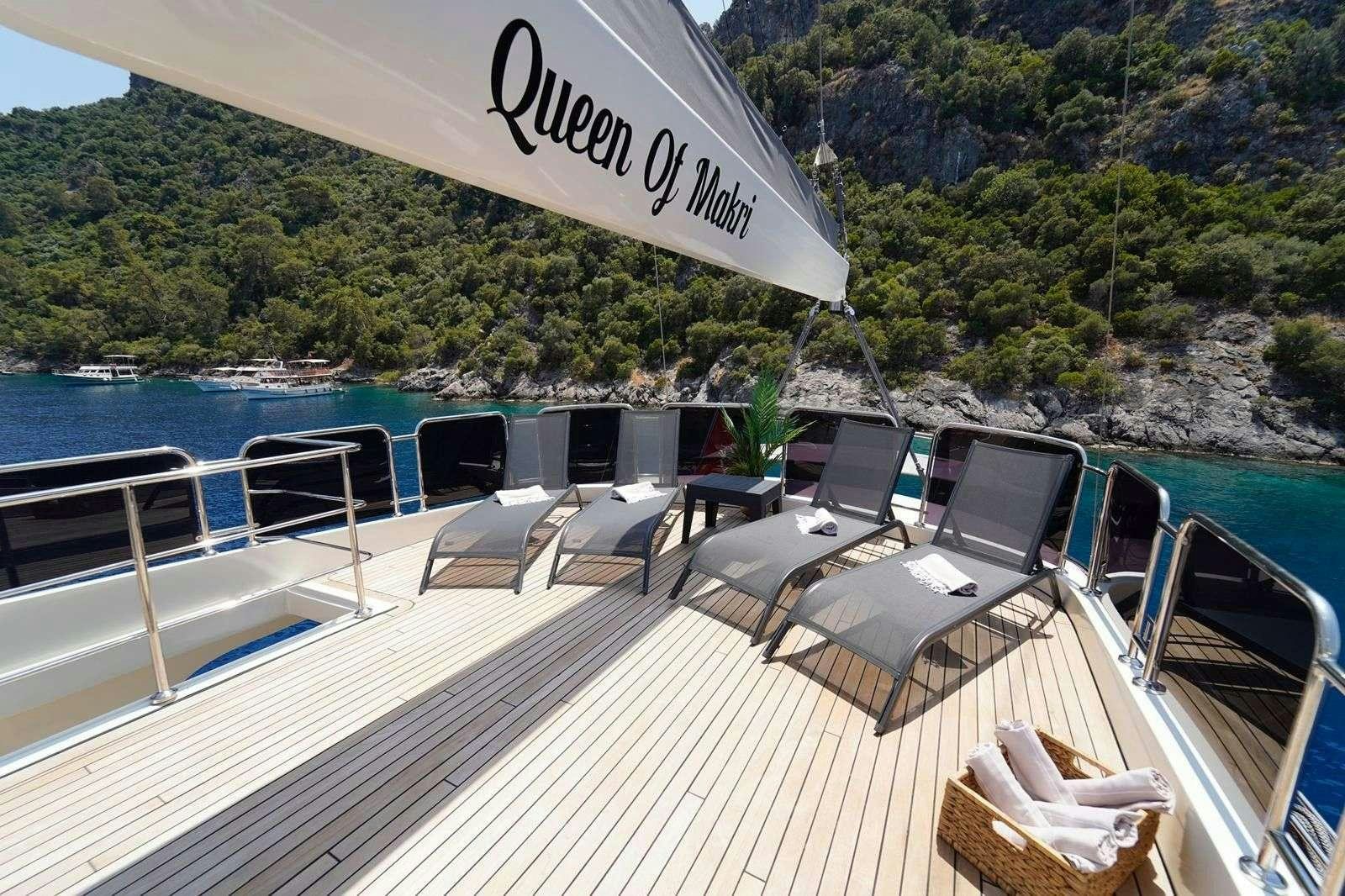 a deck with chairs and tables on it aboard QUEEN OF MAKRI Yacht for Charter