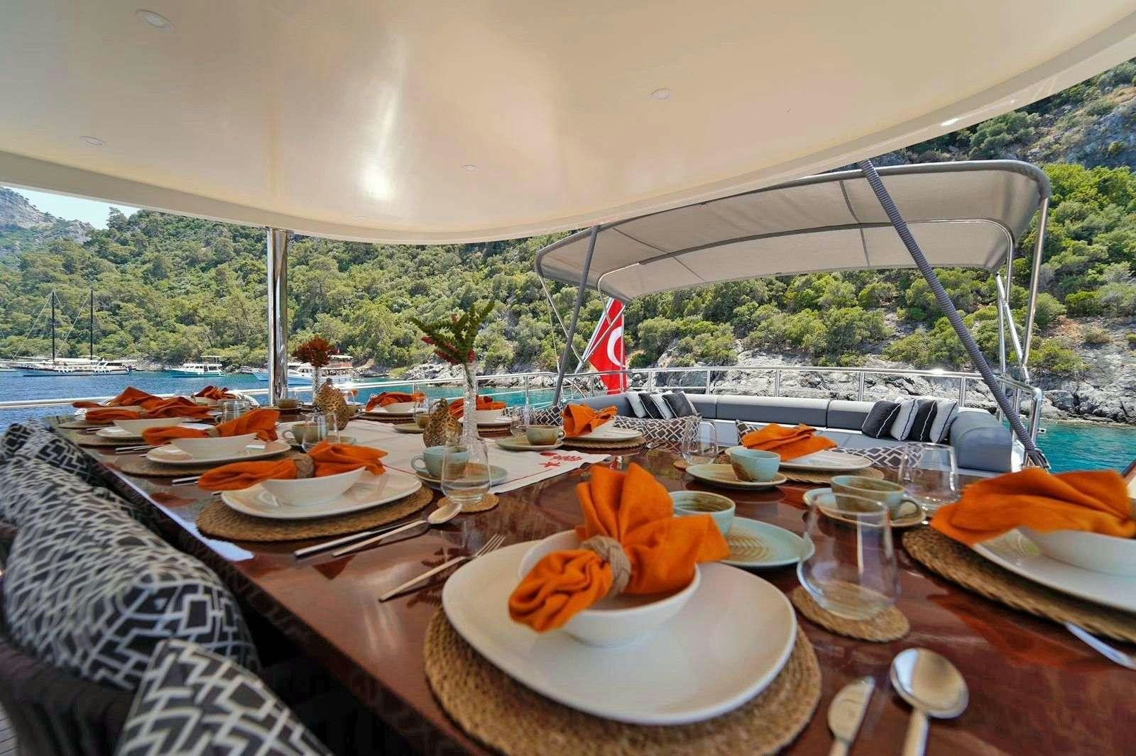 a table with plates and glasses aboard QUEEN OF MAKRI Yacht for Charter