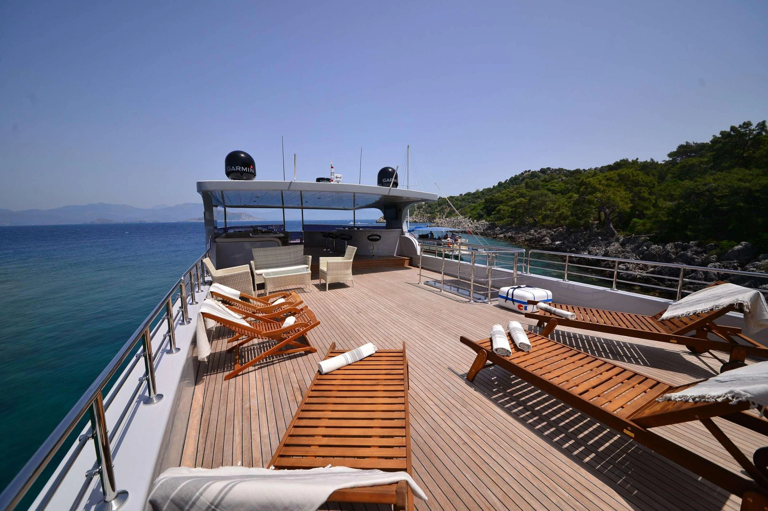 a deck with a boat on it aboard IMMERSIVE Yacht for Charter