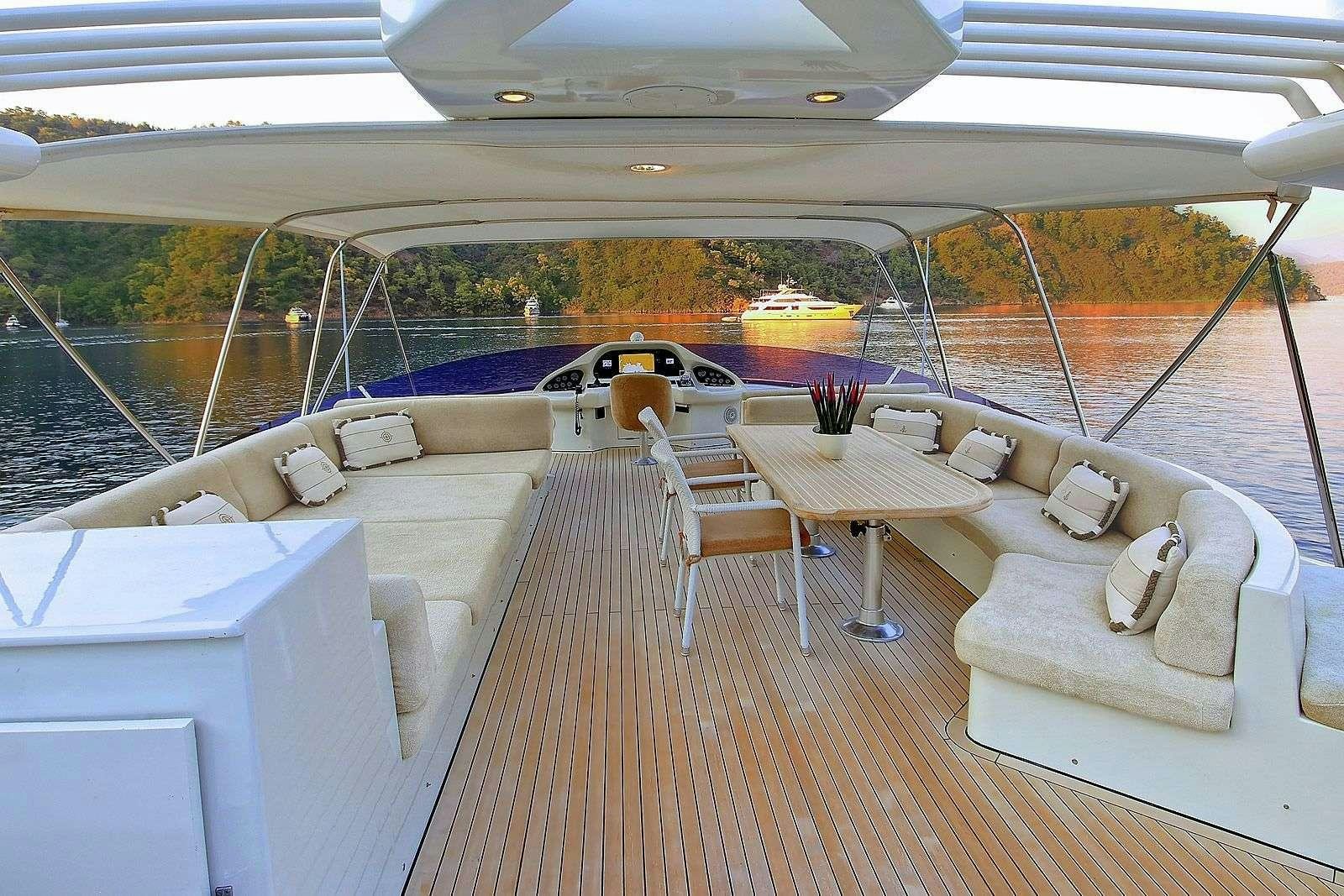 a boat with a table and chairs aboard BLANCO Yacht for Charter
