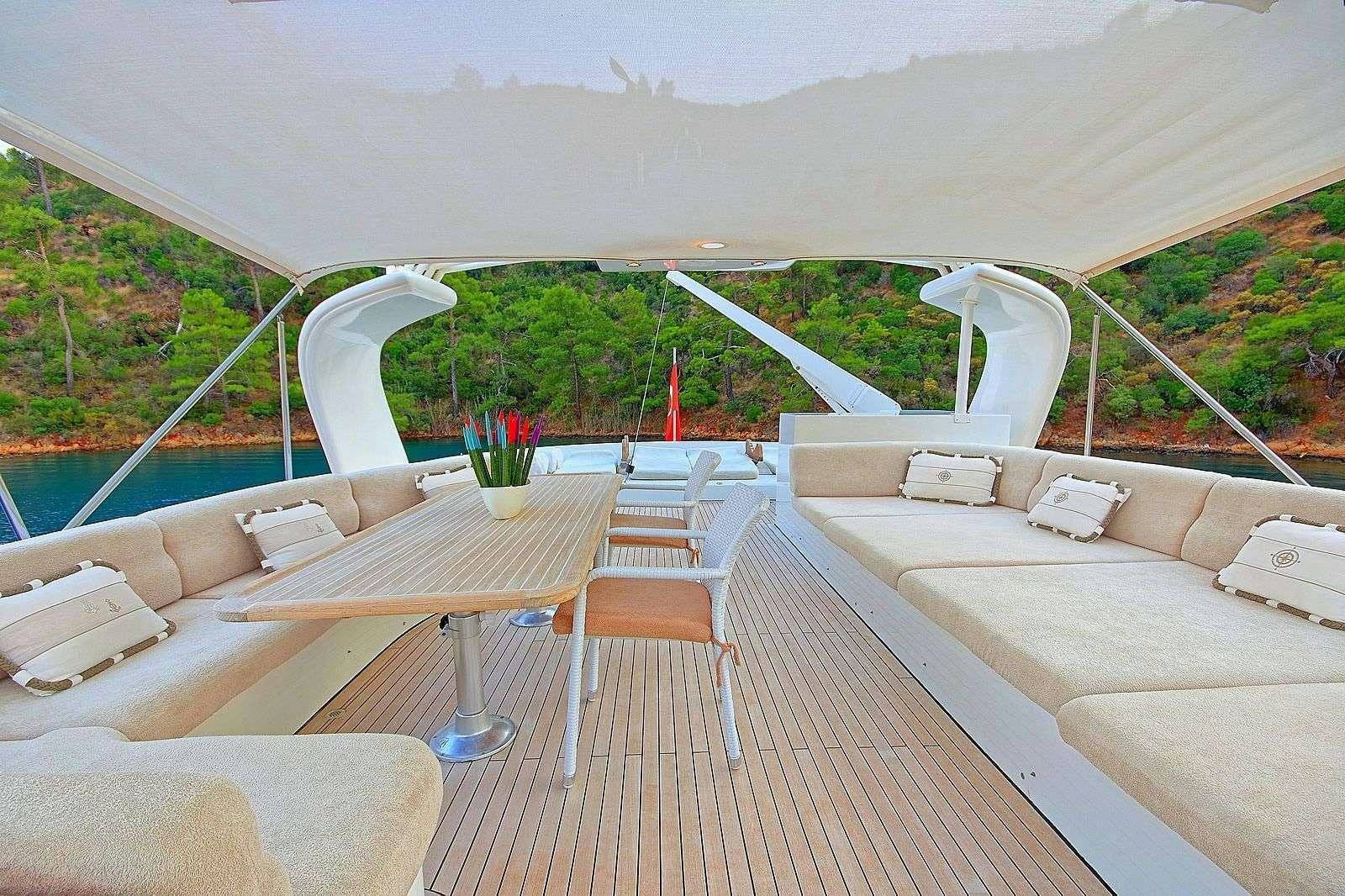 a deck with a table and chairs aboard BLANCO Yacht for Charter