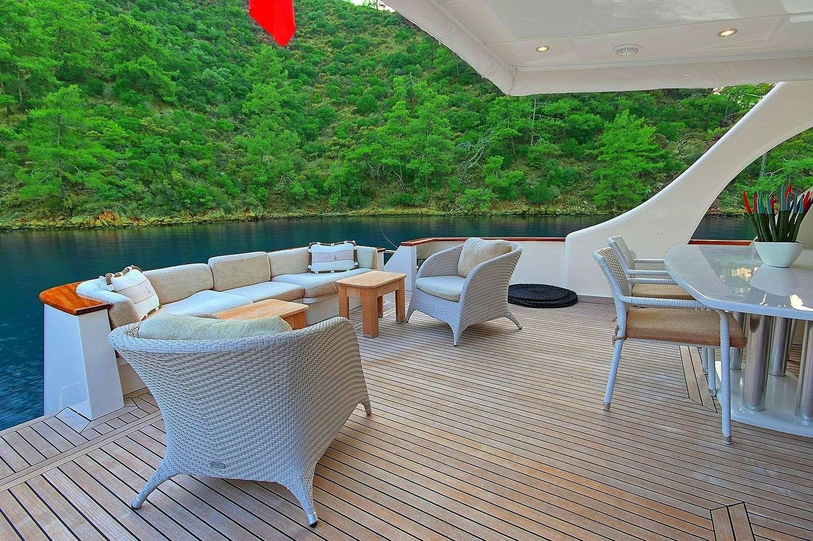 a patio with a table and chairs aboard BLANCO Yacht for Charter