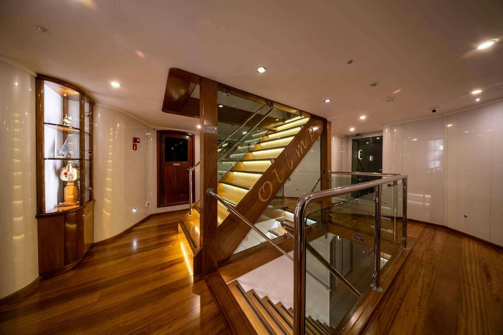 a staircase in a building aboard OLIMP Yacht for Charter