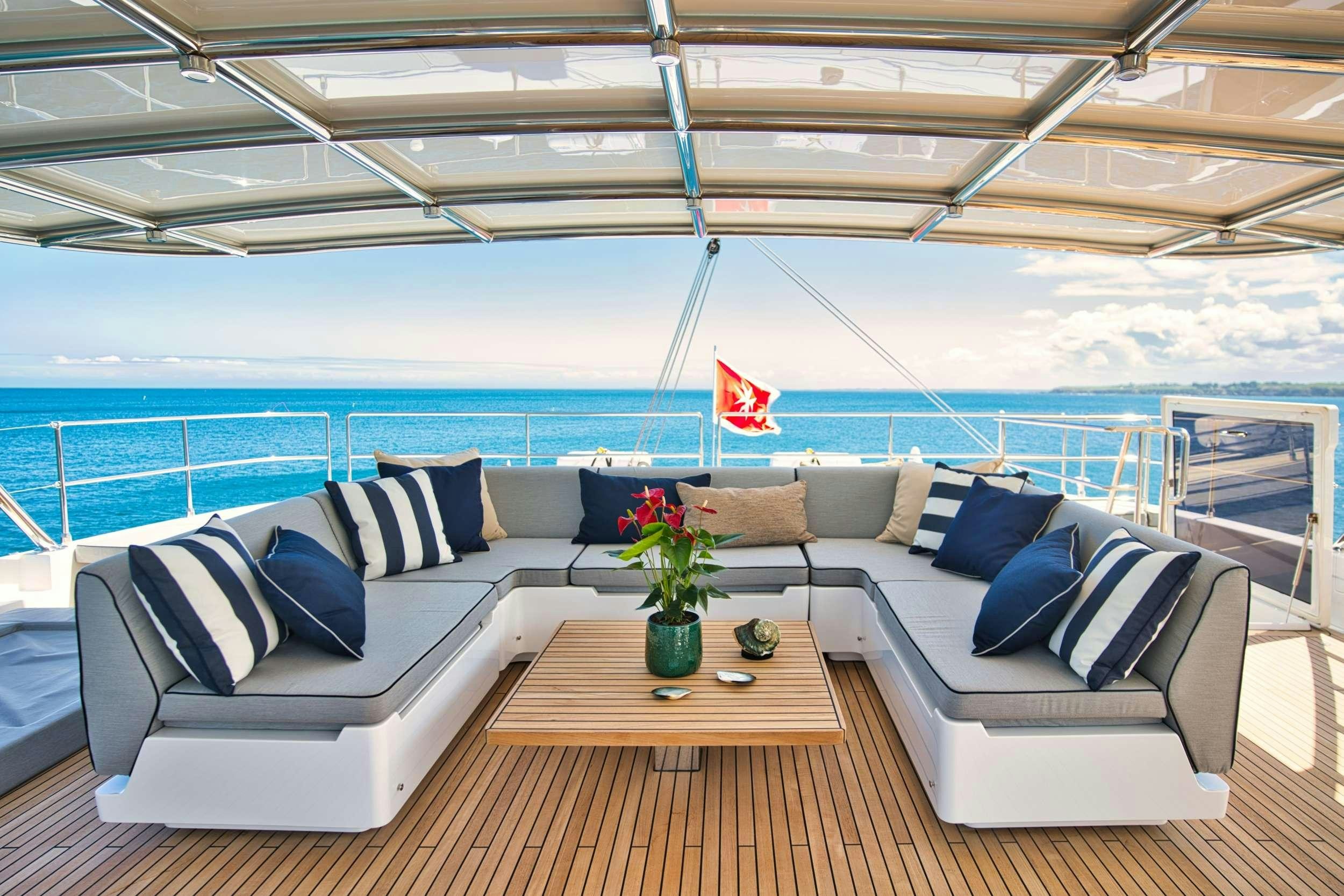 a large living room with a large blue ocean aboard GINETTE Yacht for Charter