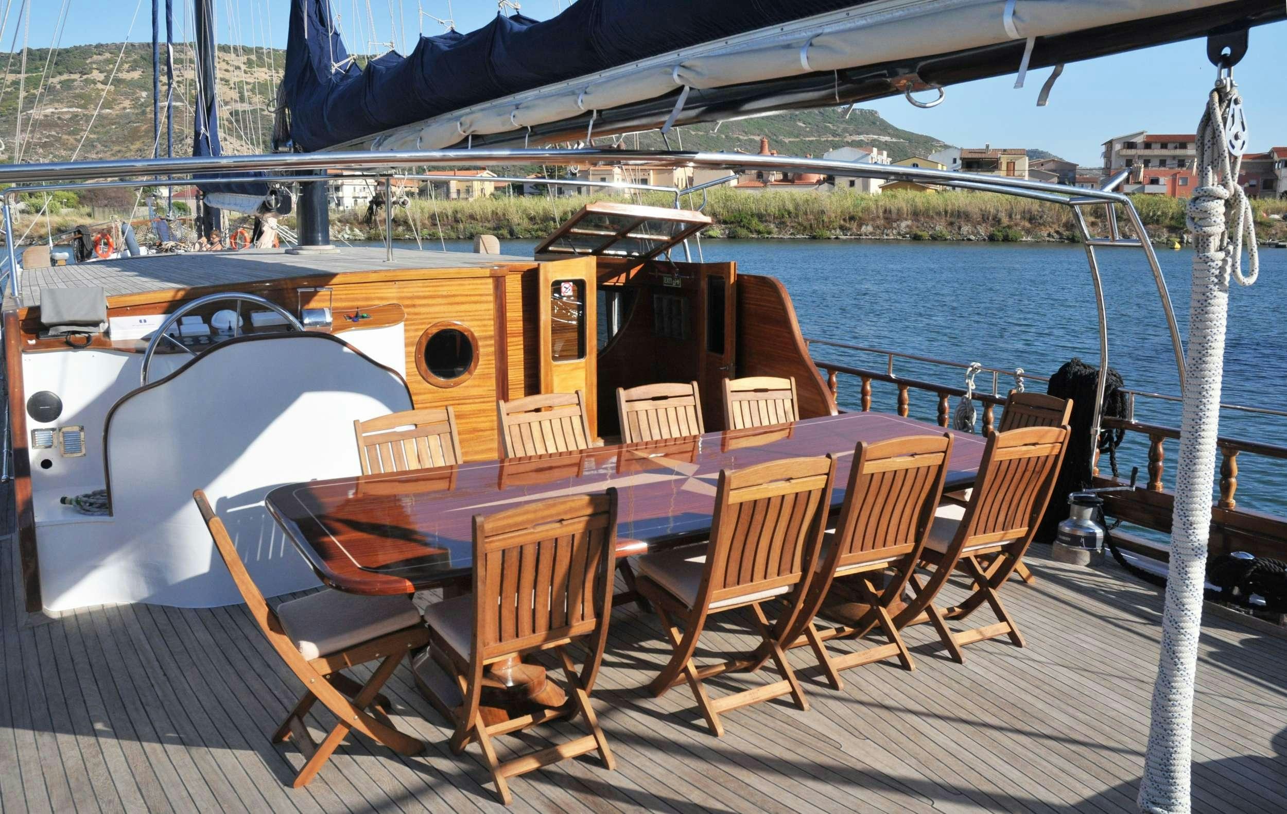 a deck with chairs and a boat on it aboard ELIANORA Yacht for Charter