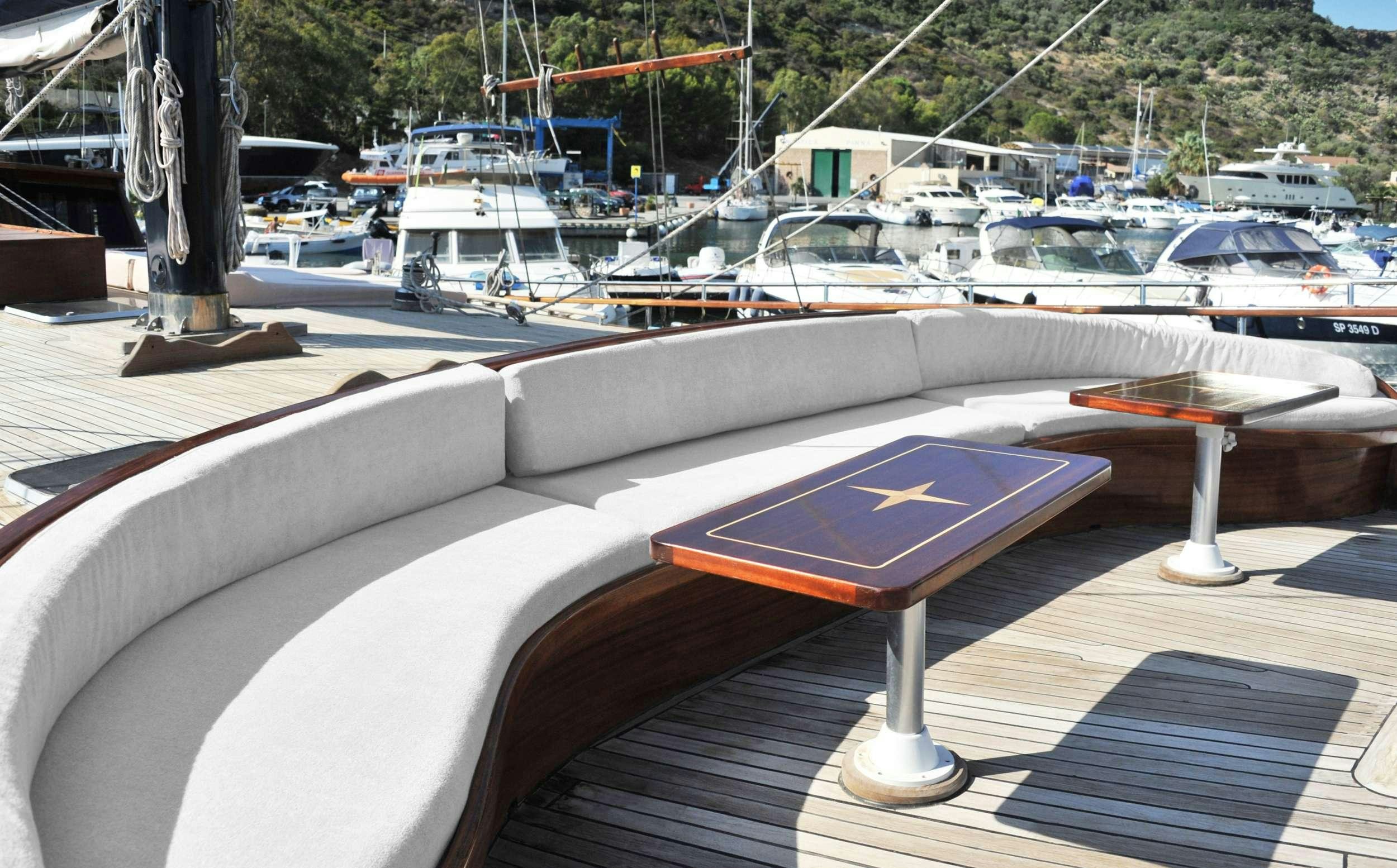 a table with a sign on it aboard ELIANORA Yacht for Charter