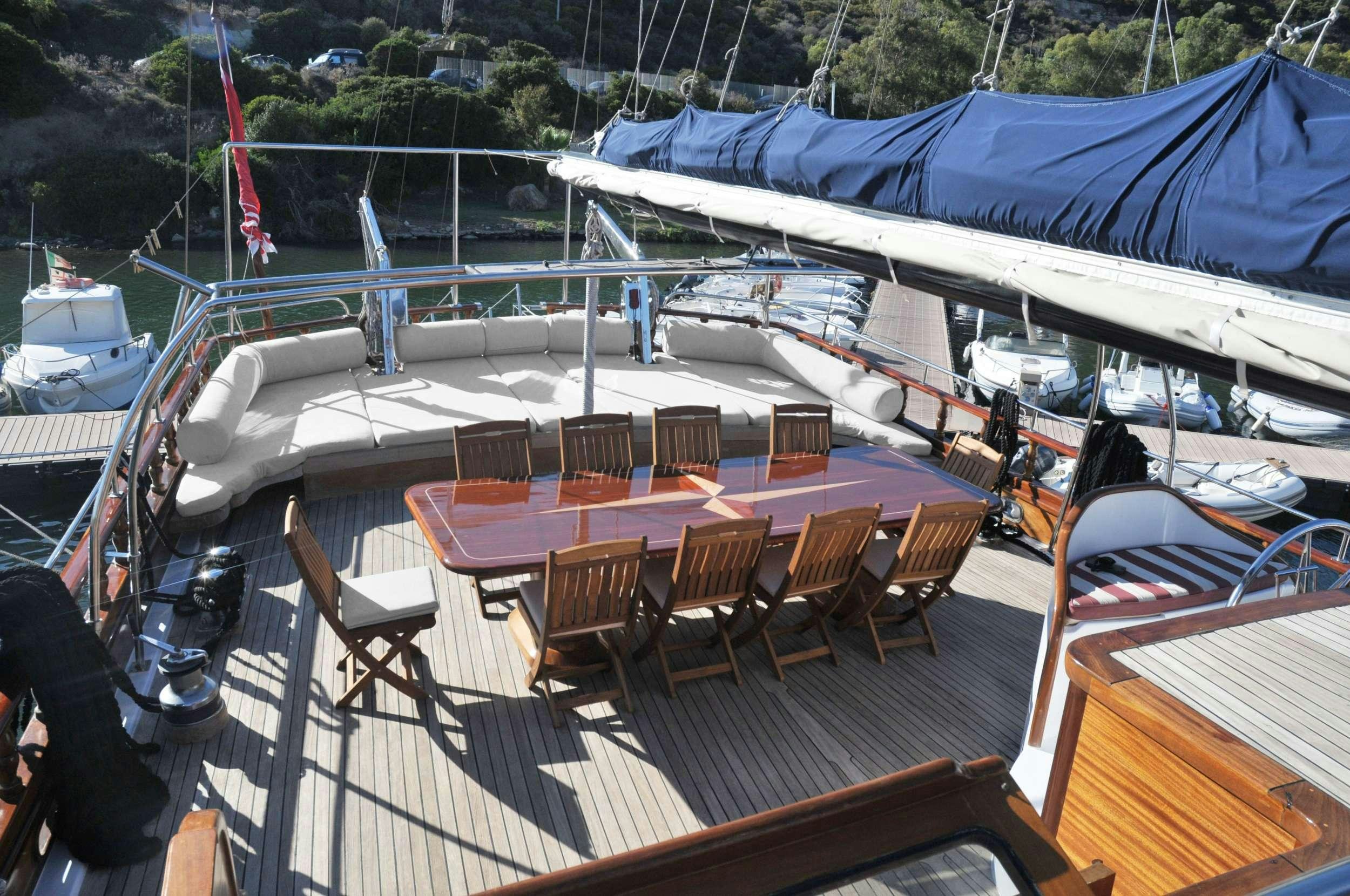 a deck with a table and chairs on it aboard ELIANORA Yacht for Charter