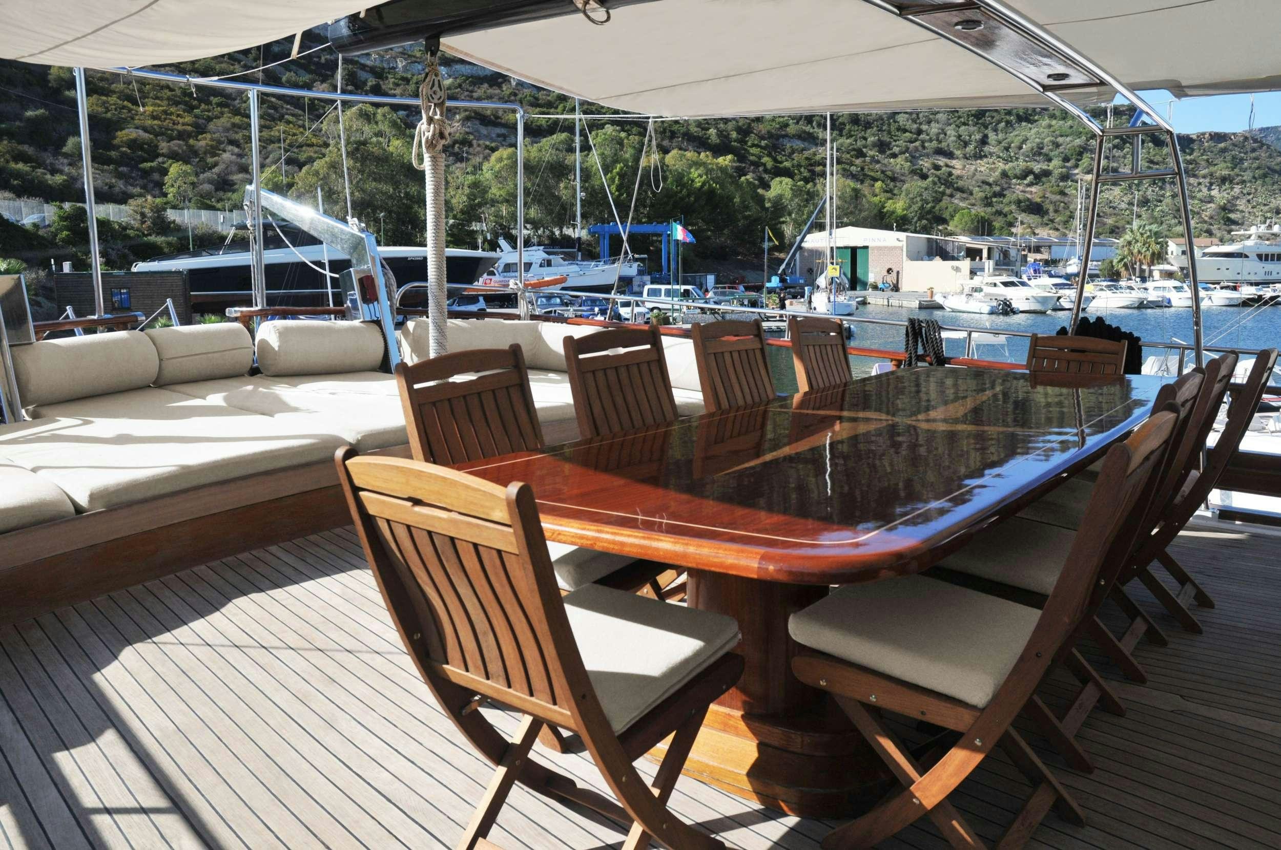 a deck with chairs and tables aboard ELIANORA Yacht for Charter